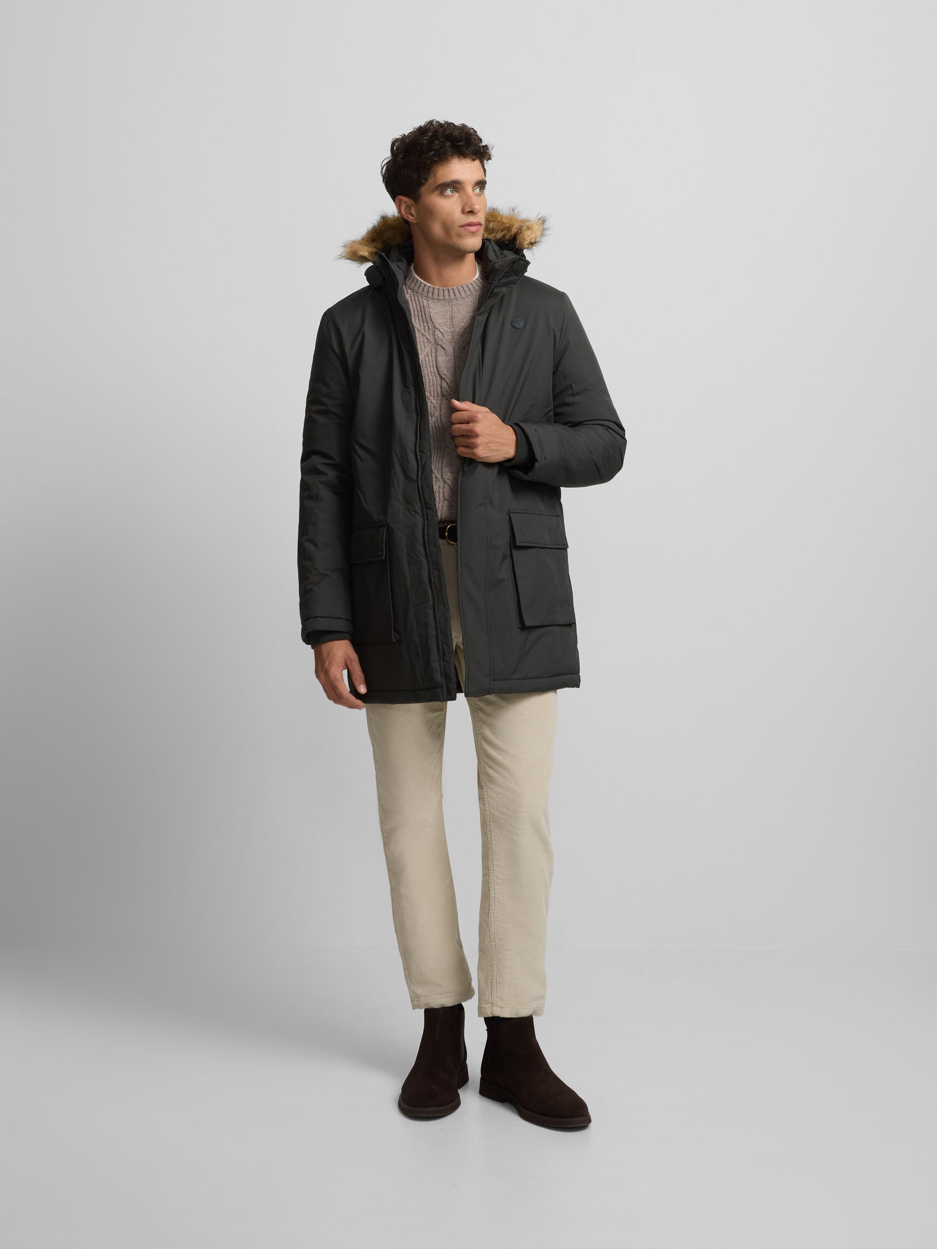 Long technical coat with green hood