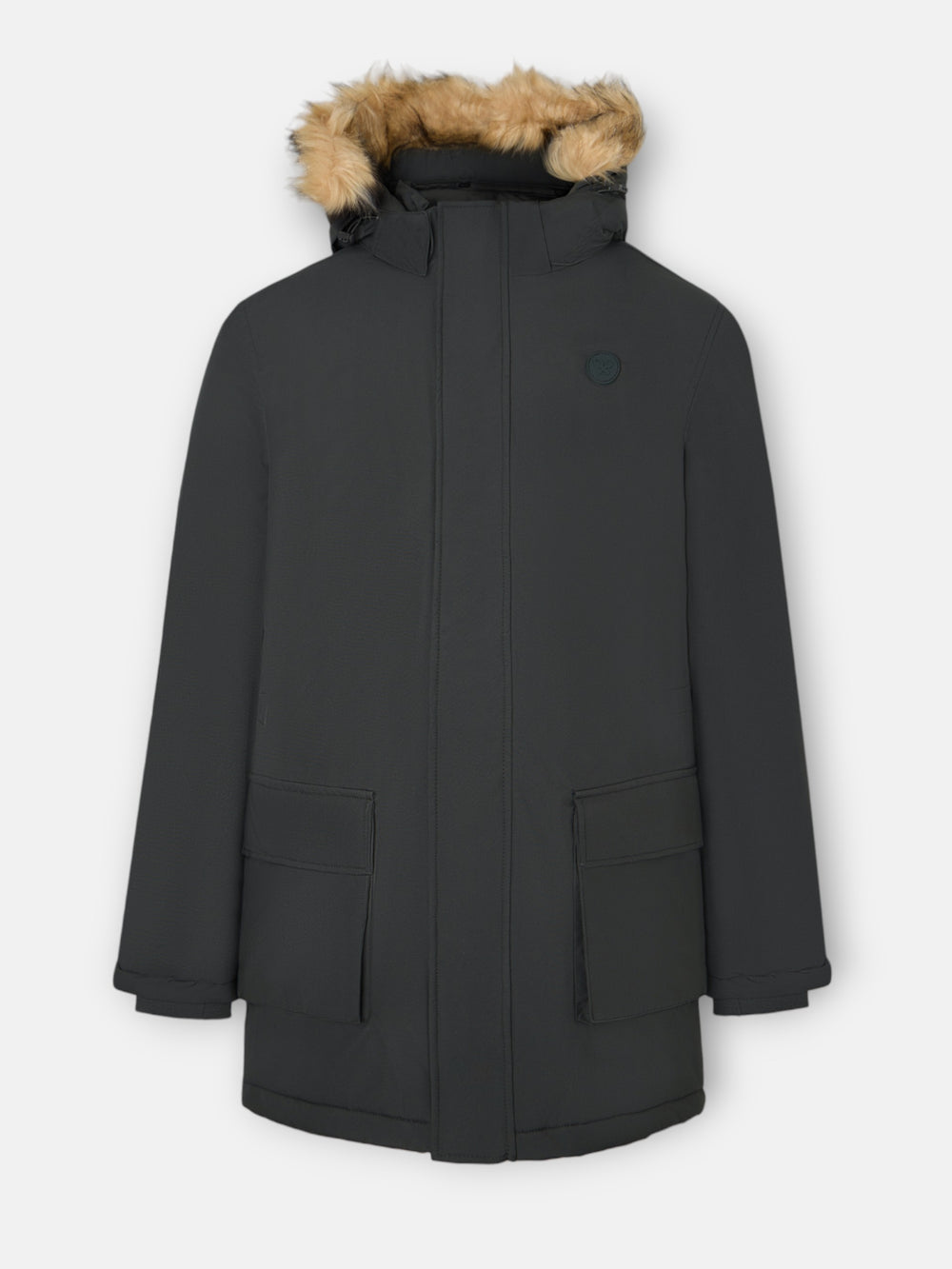 Long technical coat with green hood