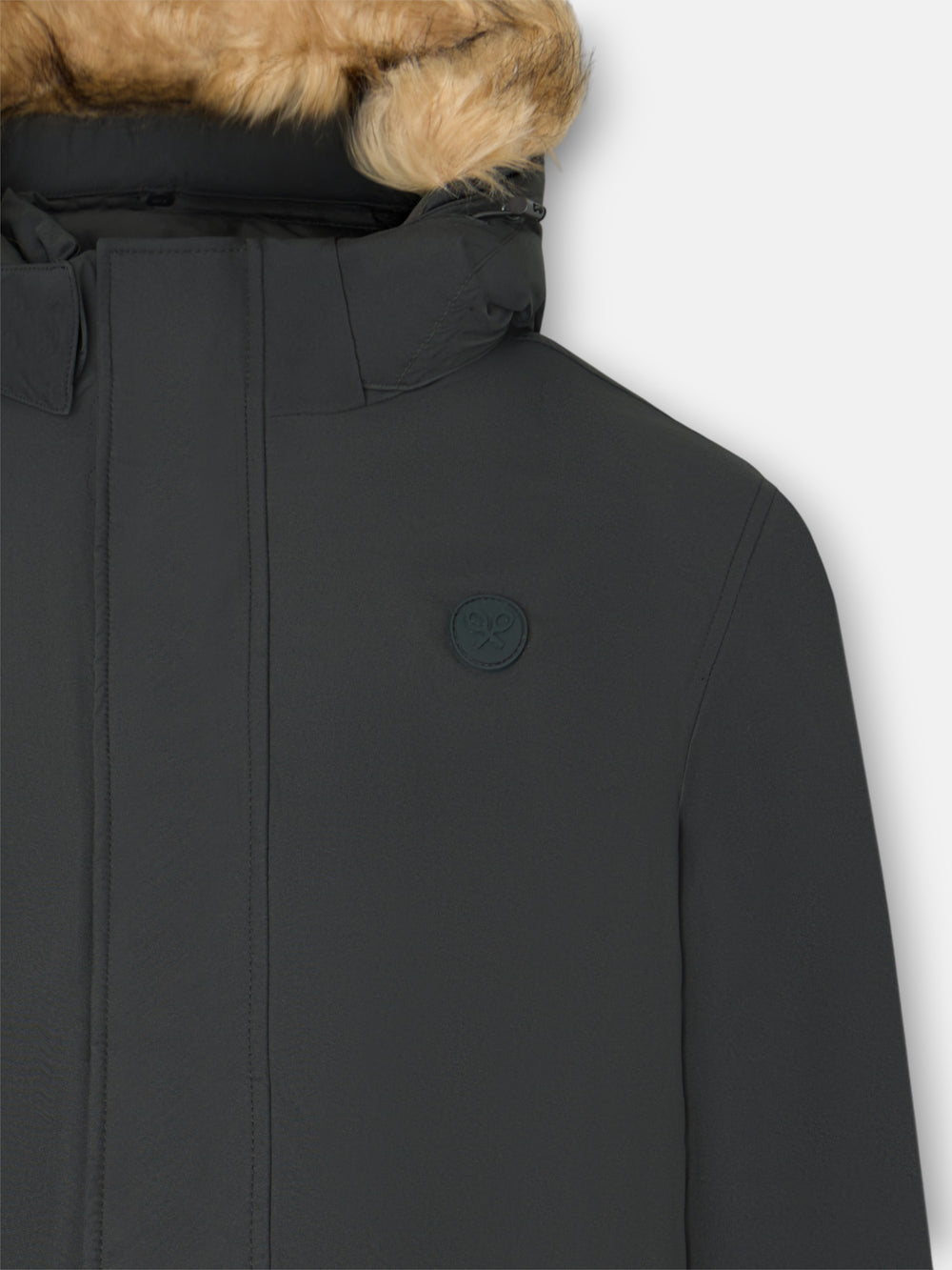 Long technical coat with green hood