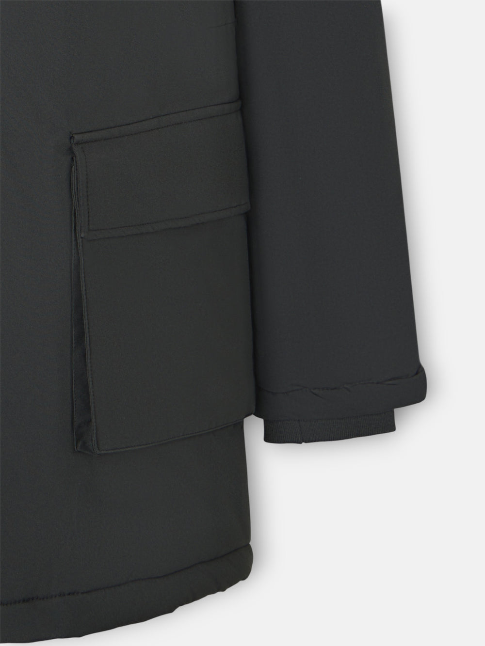 Long technical coat with green hood