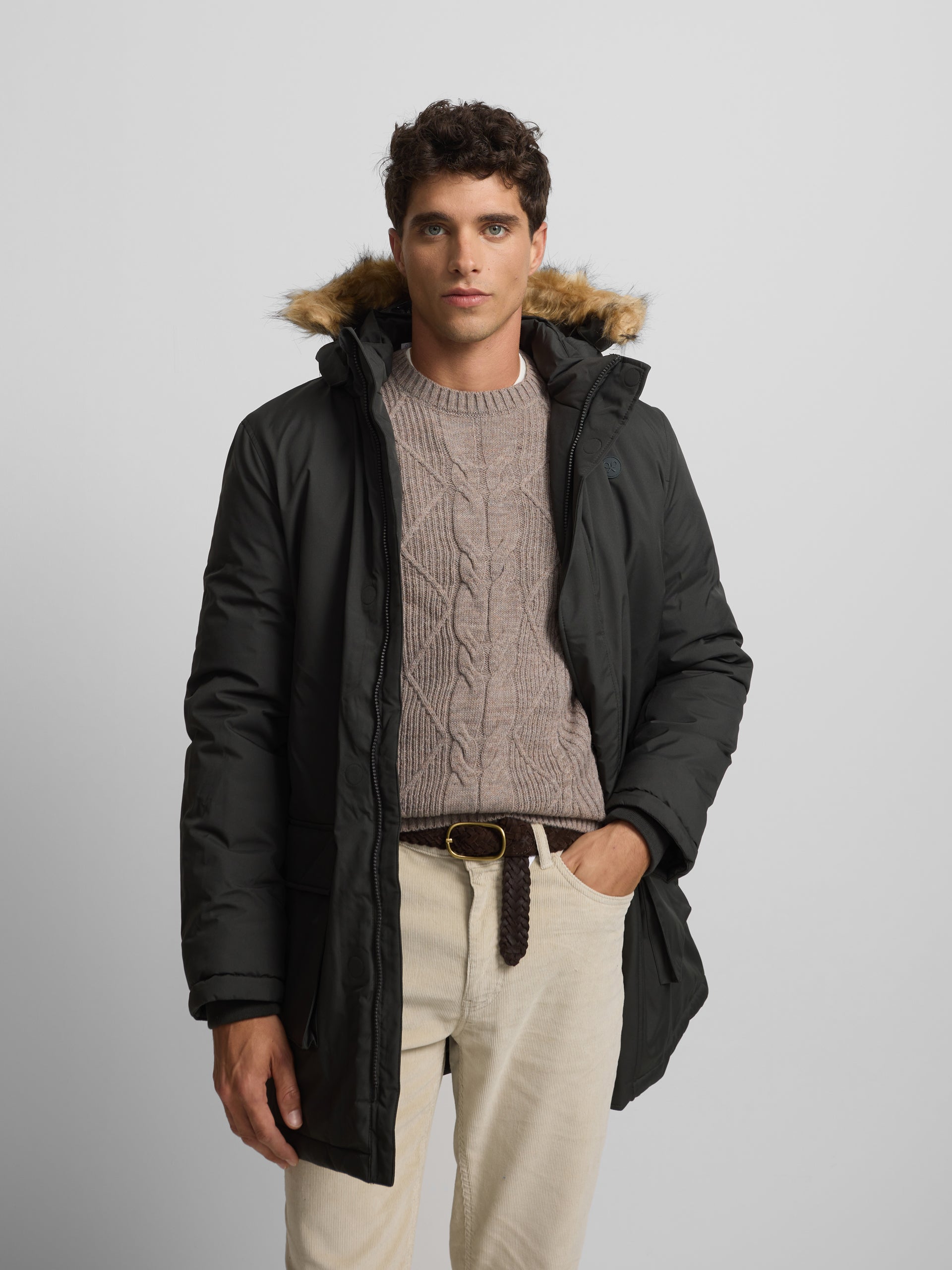 Long technical coat with green hood