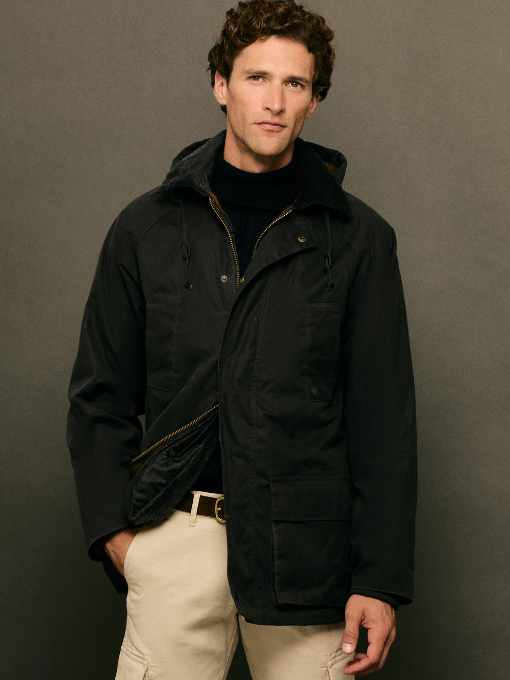 Classic grey-blue waxed coat