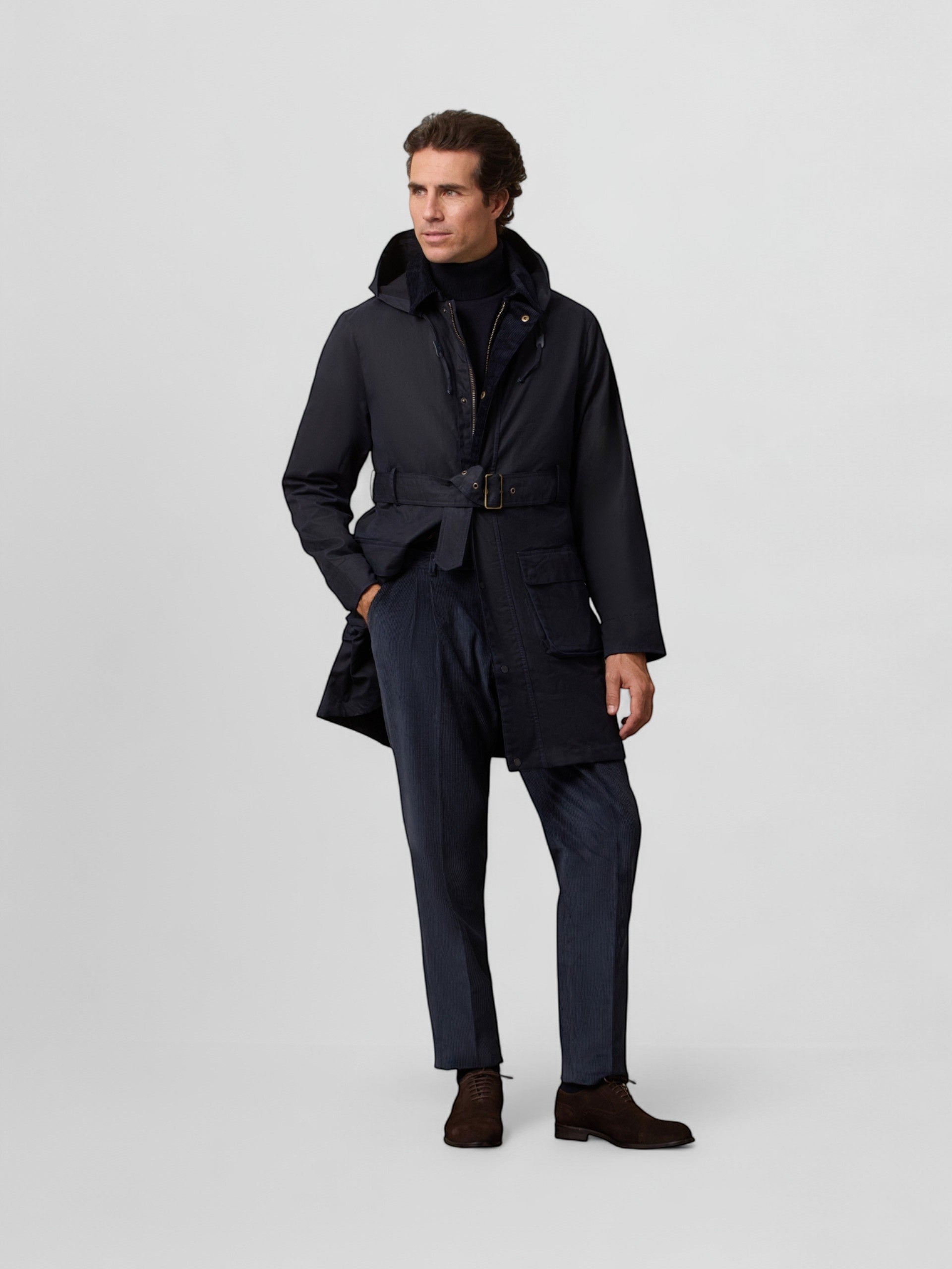 Long navy blue waxed coat