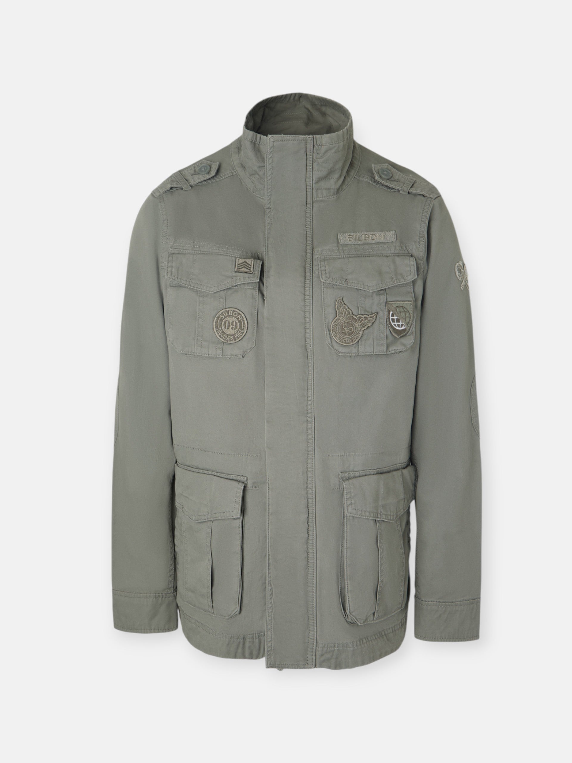 Military jacket with green dye patches