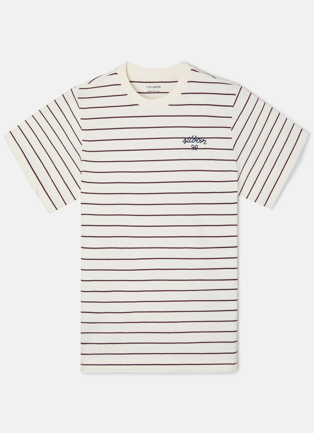 Camiseta raya fina burdeos crema