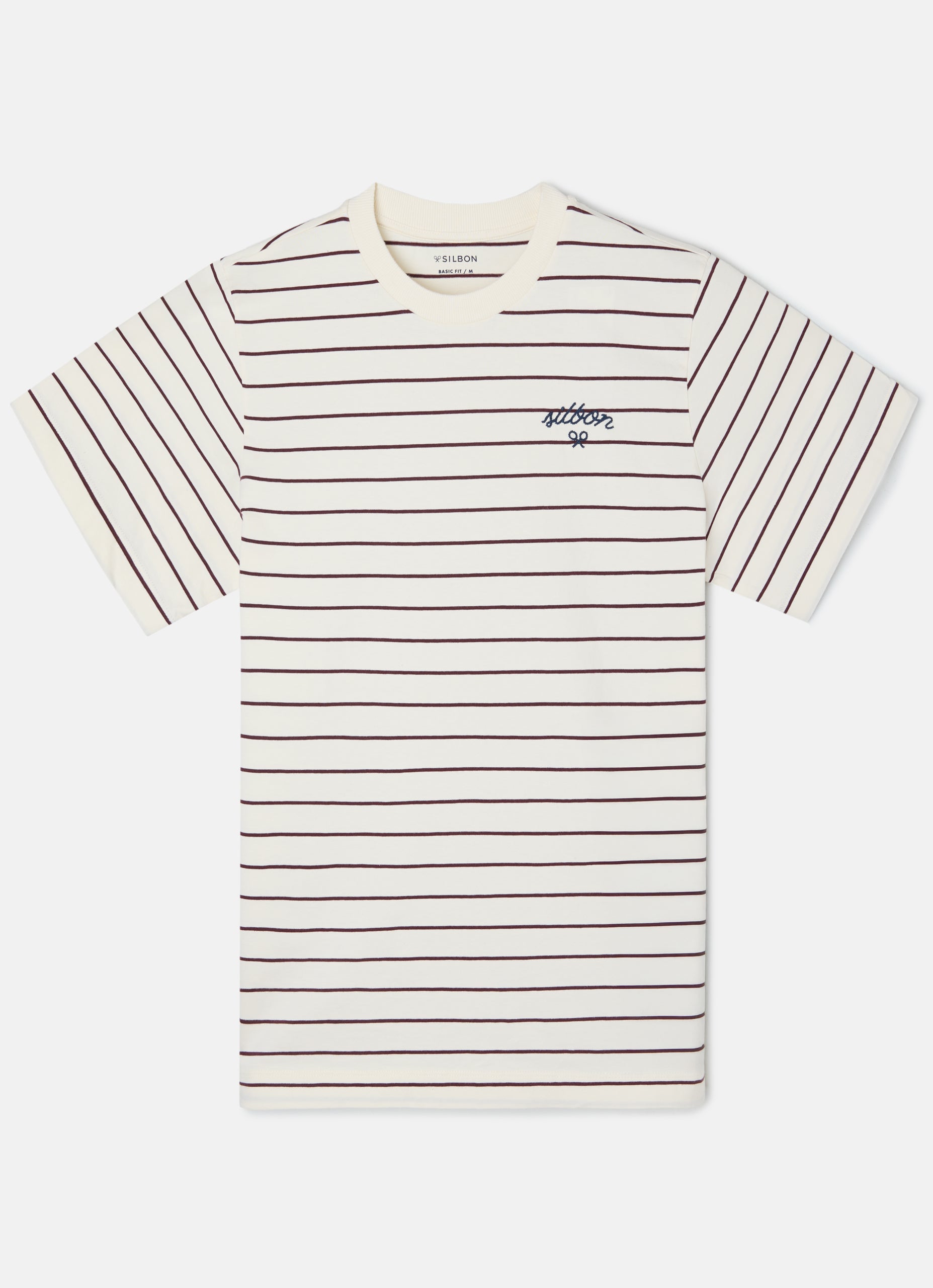 Camiseta raya fina burdeos crema