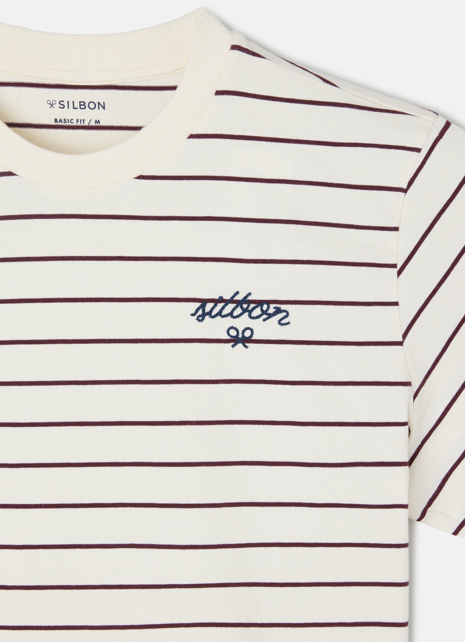 Camiseta raya fina burdeos crema