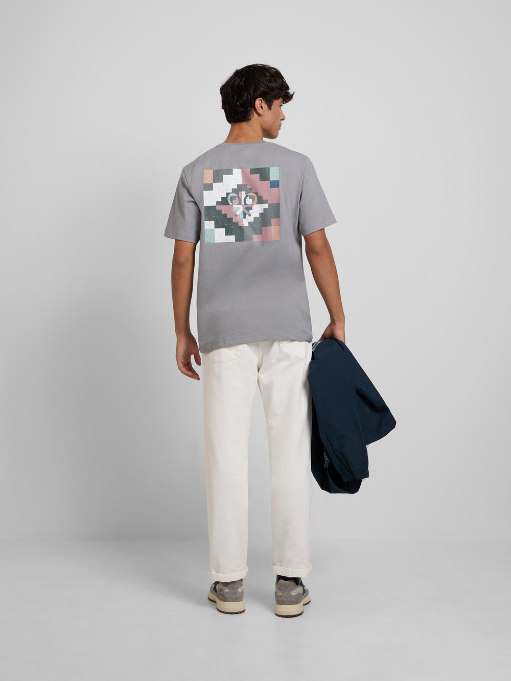 T-shirt pixel étnico azul cinzento