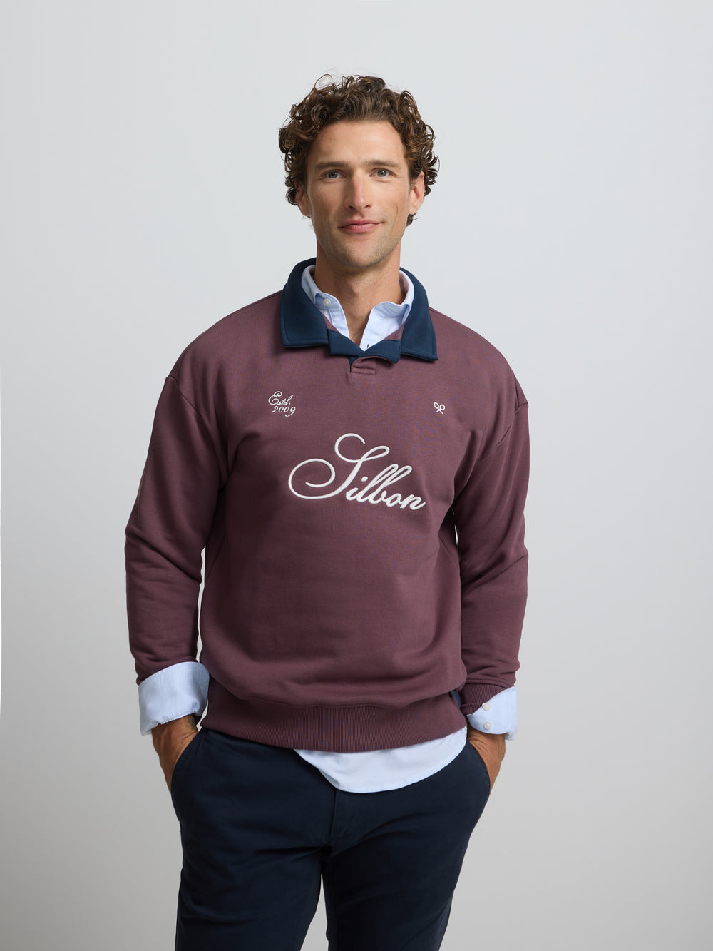 Sudadera polo contraste marino burdeos