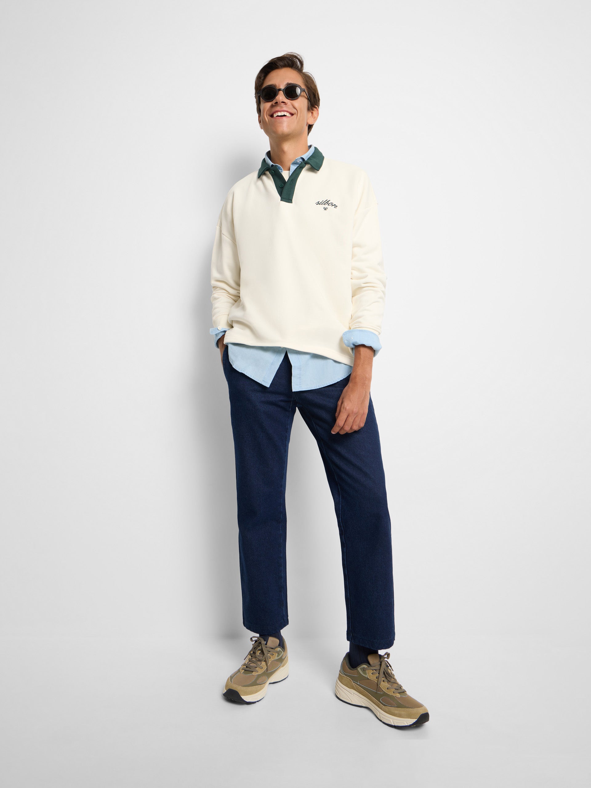 Silbon polo neck sweatshirt with contrasting cream