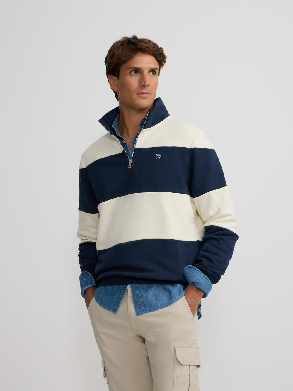 Sudadera media cremallera raya ancha marino