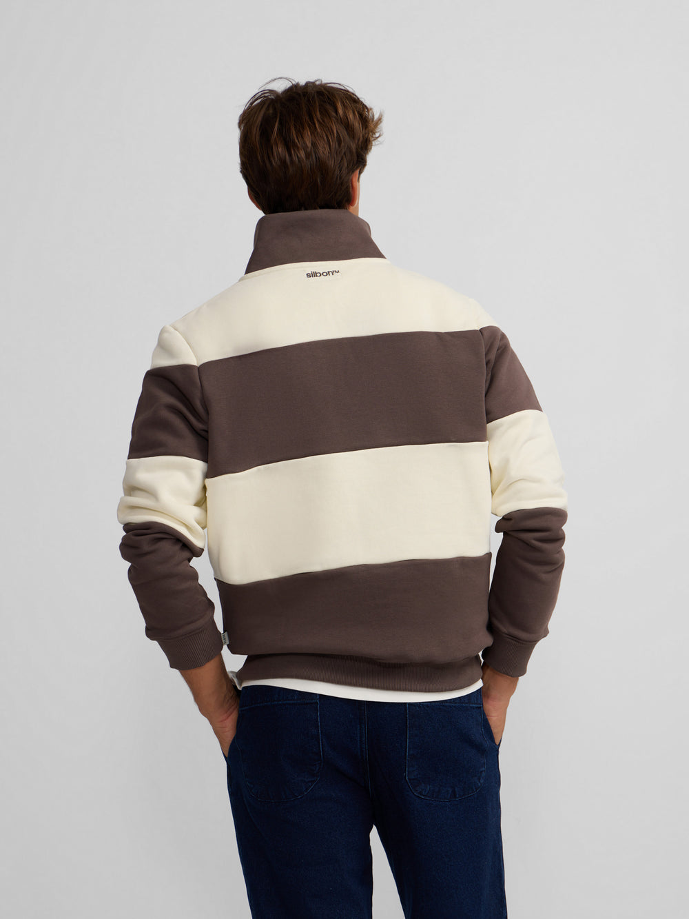 Sweat à mi-zip rayures larges marron