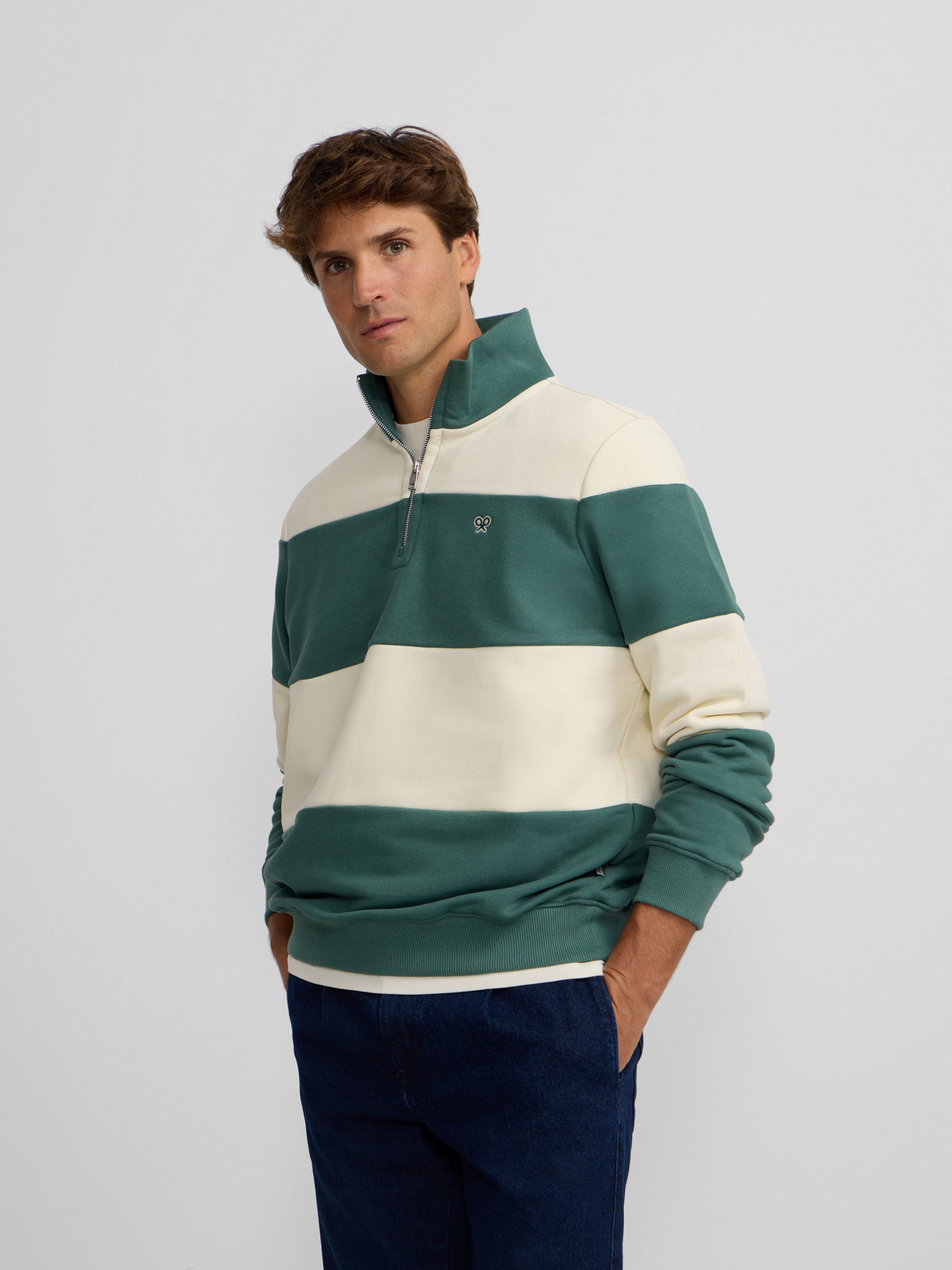 Sudadera media cremallera raya ancha verde