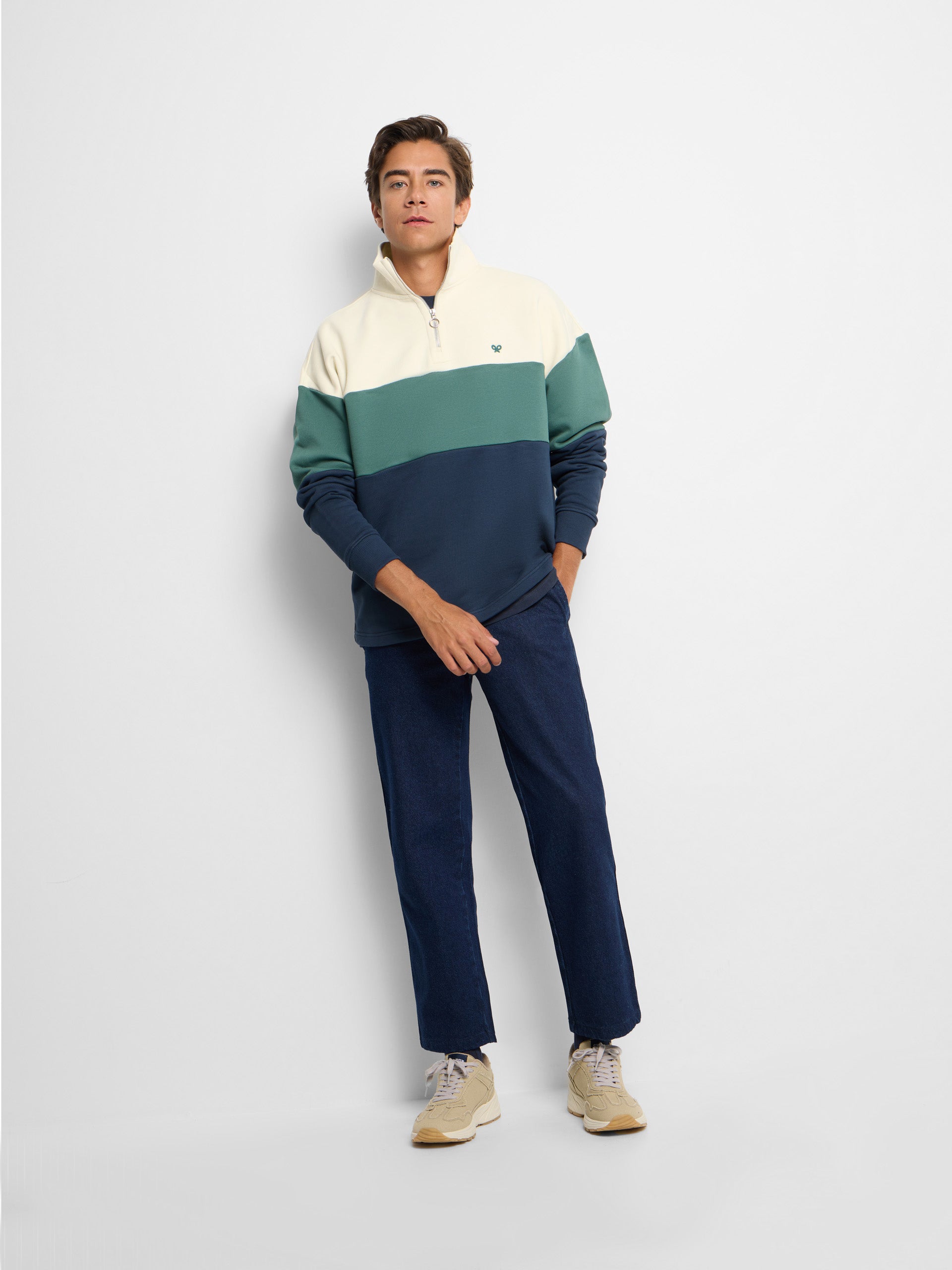 Sudadera relaxed fit media cremallera bloques azul verde