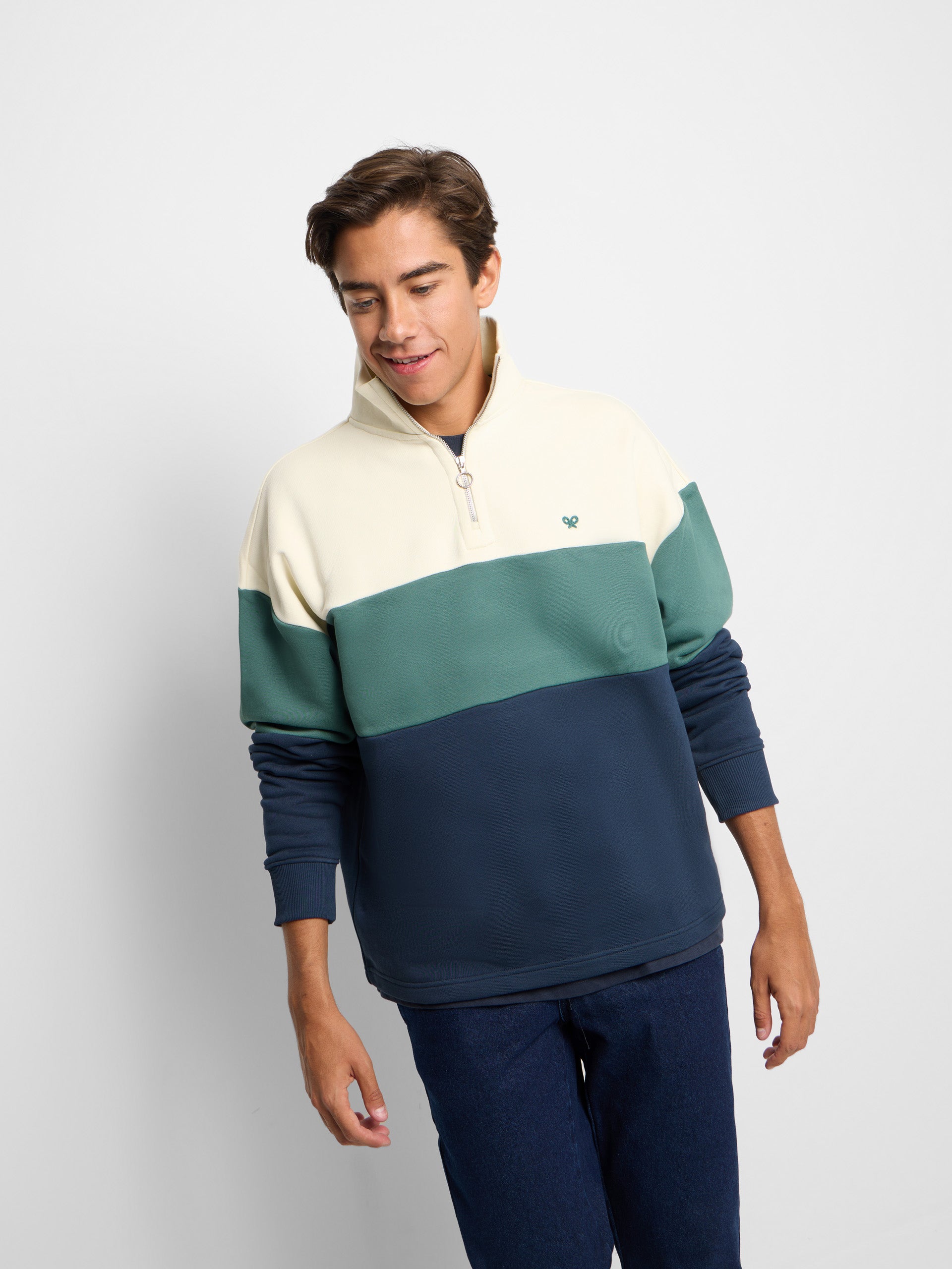 Sudadera relaxed fit media cremallera bloques azul verde