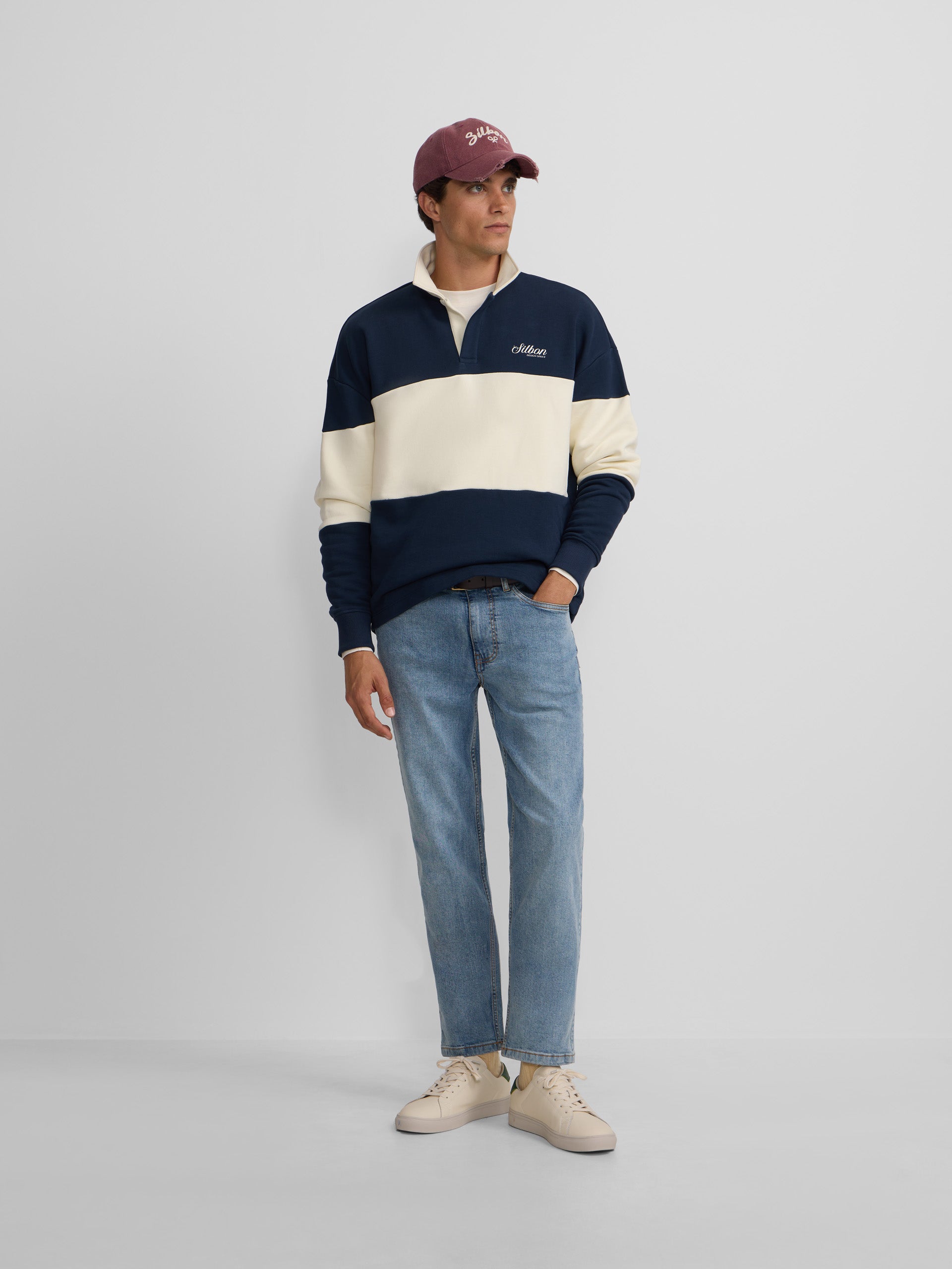 Navy blue relaxed fit panel polo neck sweatshirt