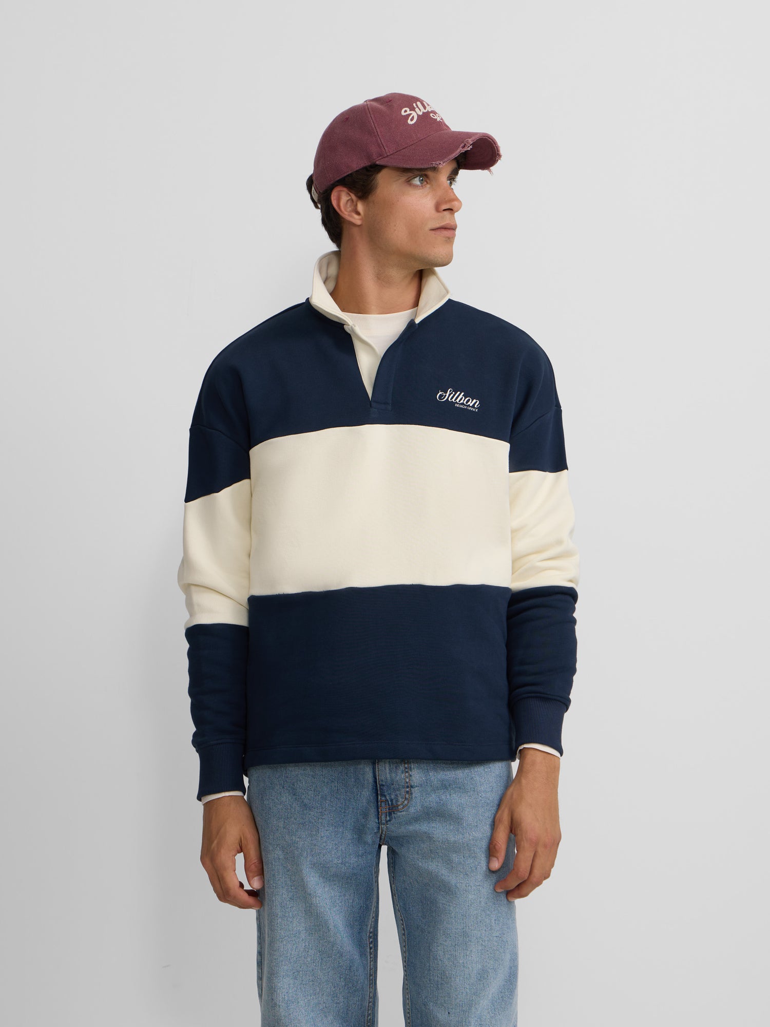 Sudadera cuello polo relaxed fit panel azul marino