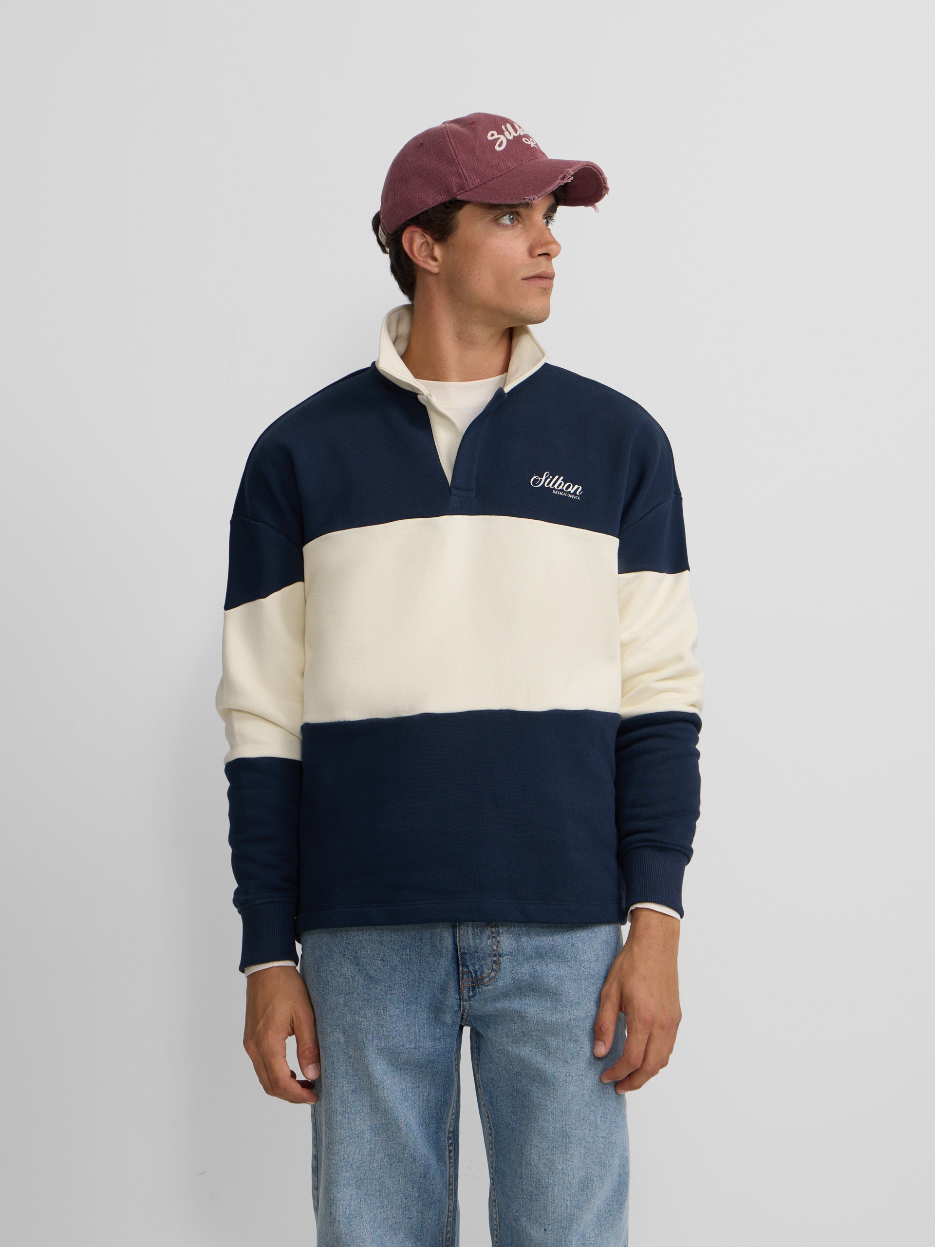Navy blue relaxed fit panel polo neck sweatshirt