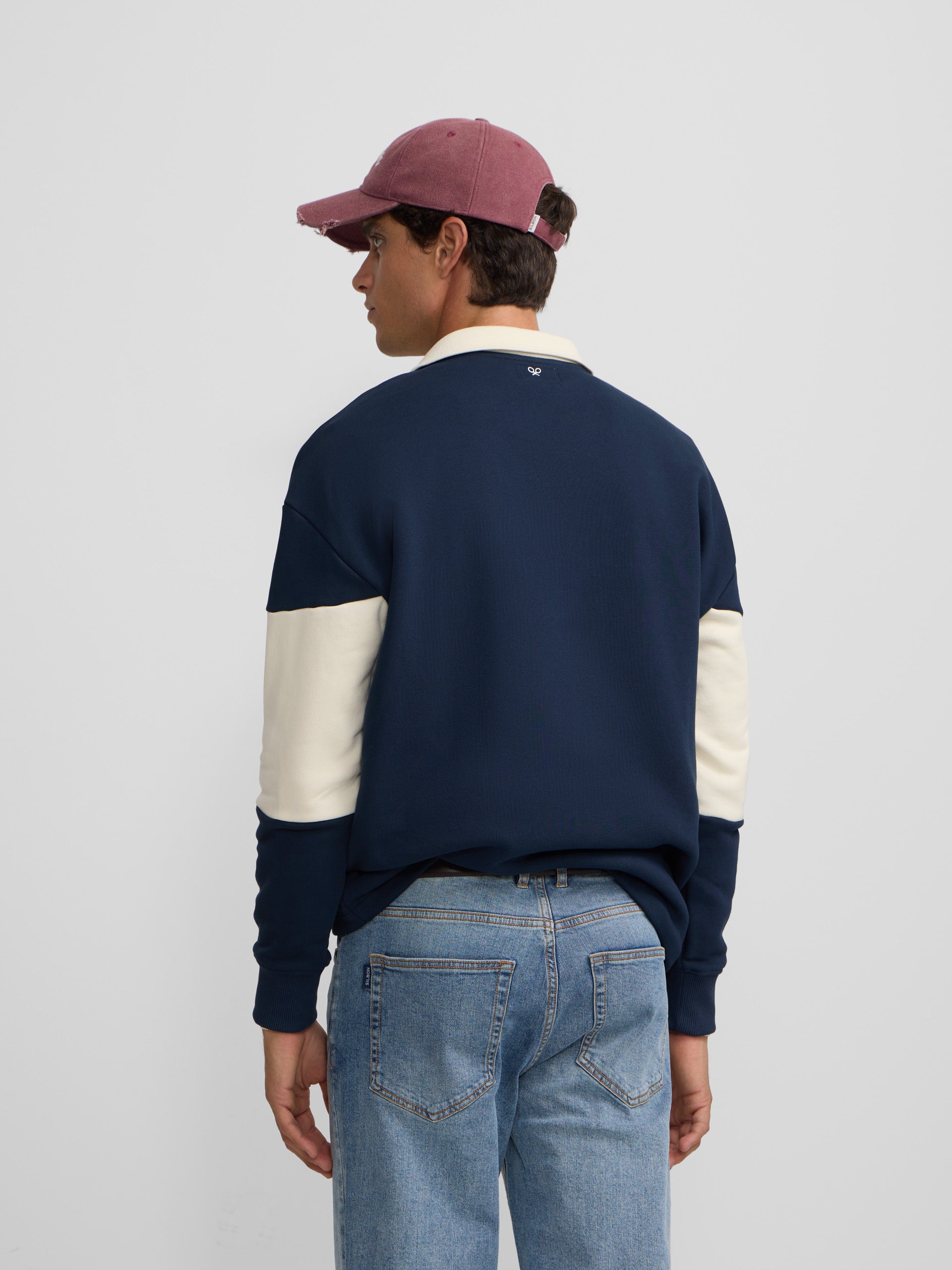 Navy blue relaxed fit panel polo neck sweatshirt