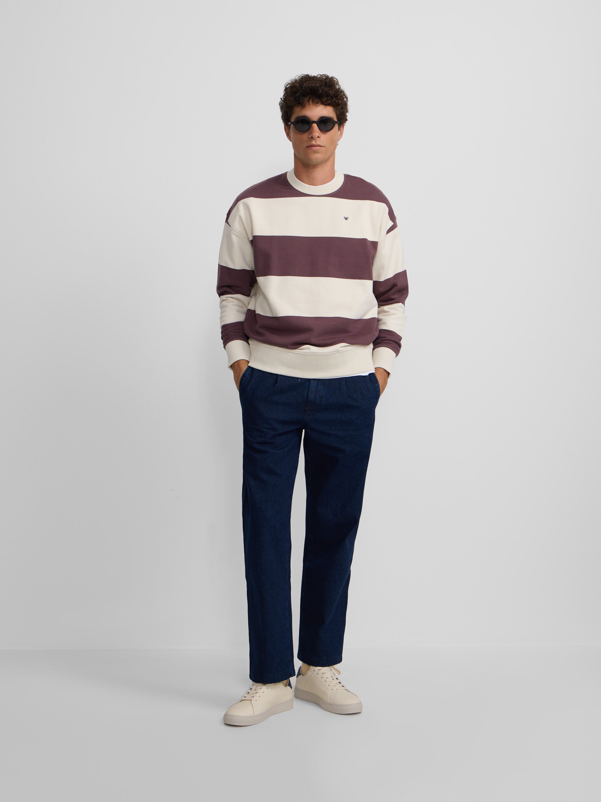 Relaxed fit sweatshirt with cream and burgundy stripes