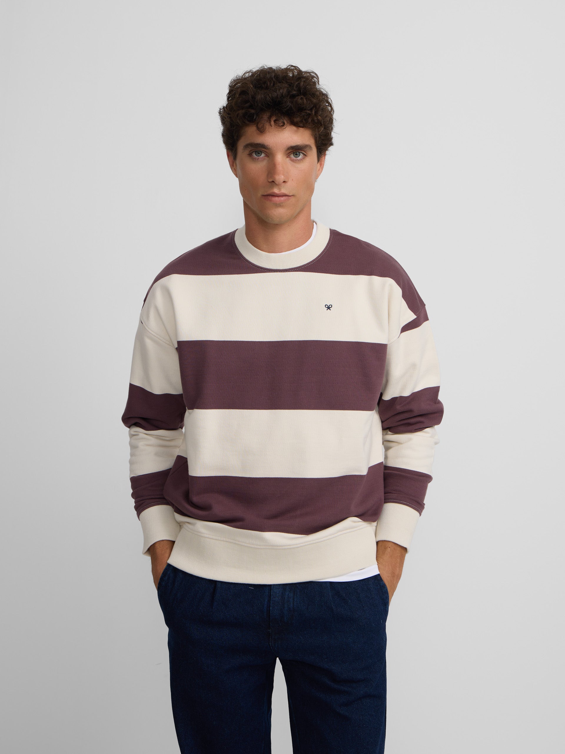 Relaxed fit sweatshirt with cream and burgundy stripes