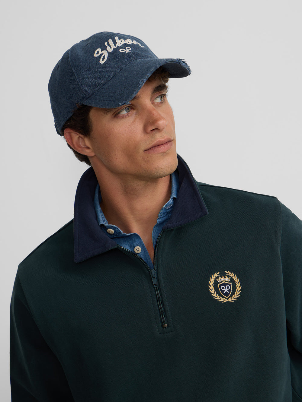 Sudadera media cremallera cuello contraste verde