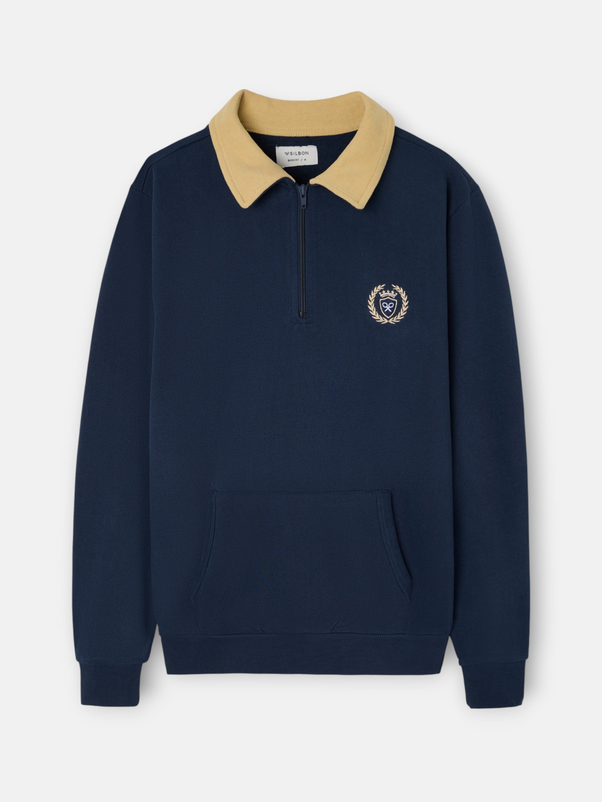 Sweatshirt meia fecho gola contraste azul-marinho