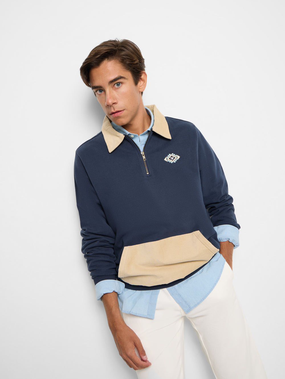 Sudadera media cremallera pana azul marino