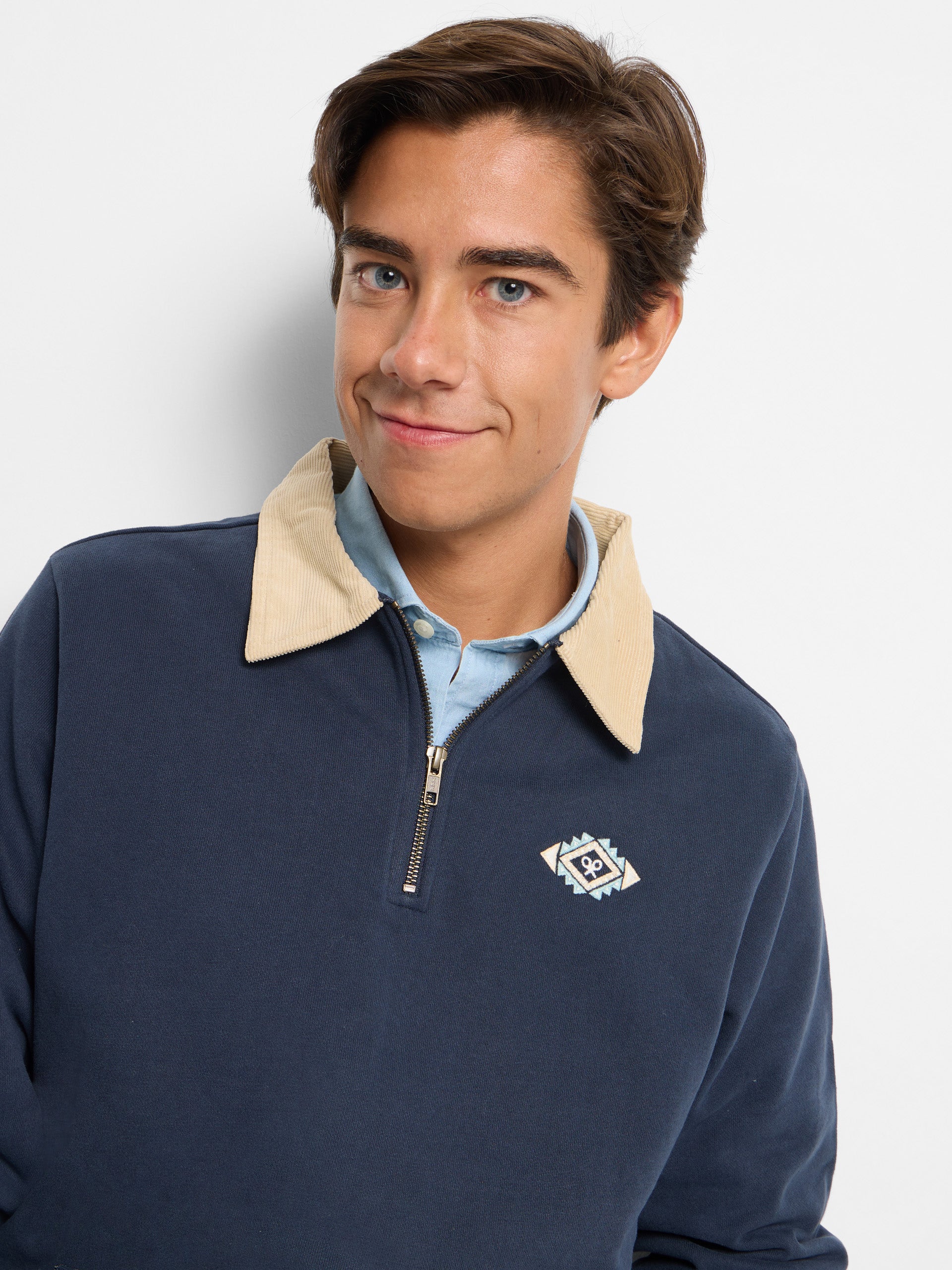 Sweatshirt de meia fecho em bombazina azul-marinho