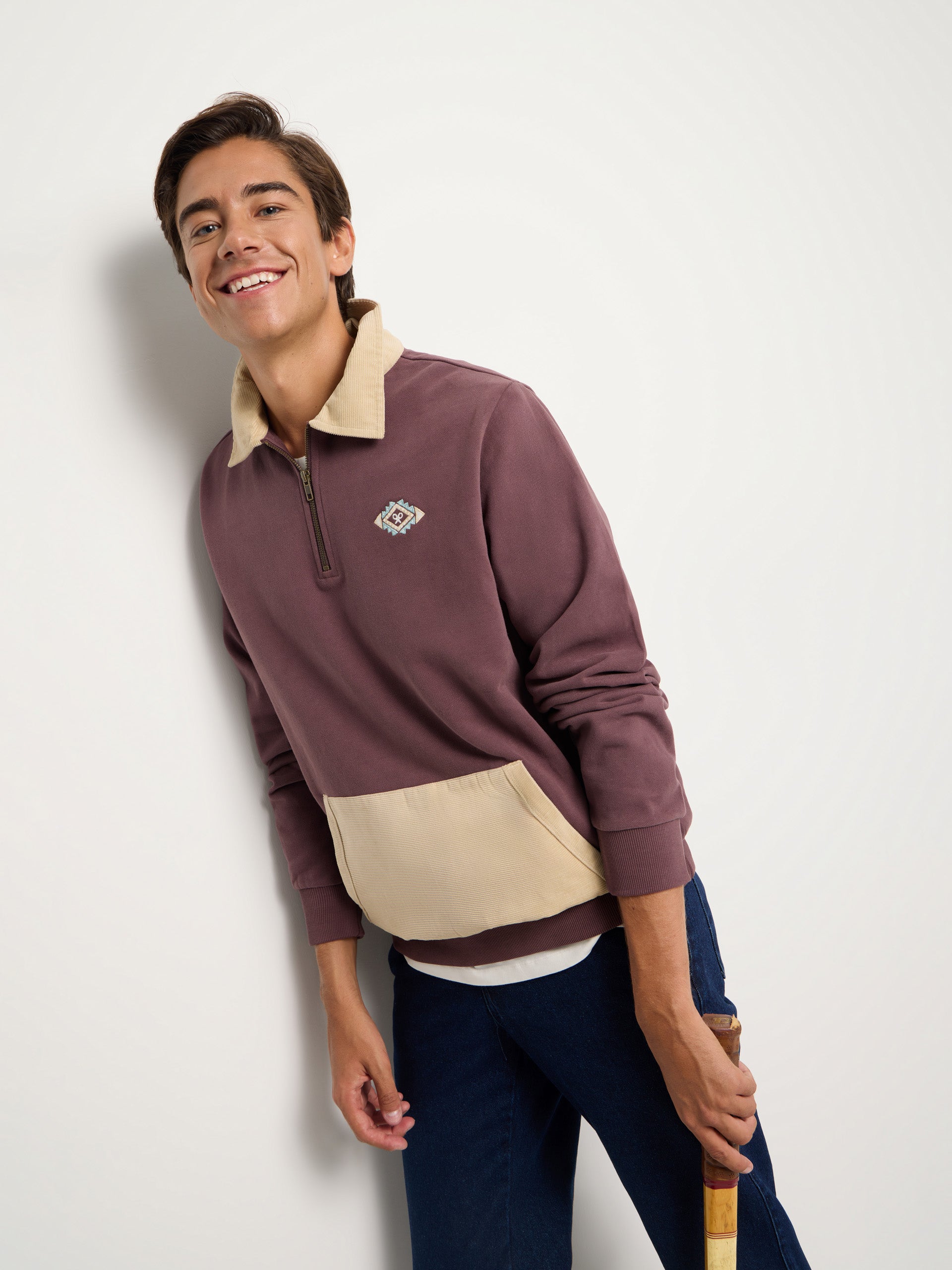 Sudadera media cremallera pana burdeos