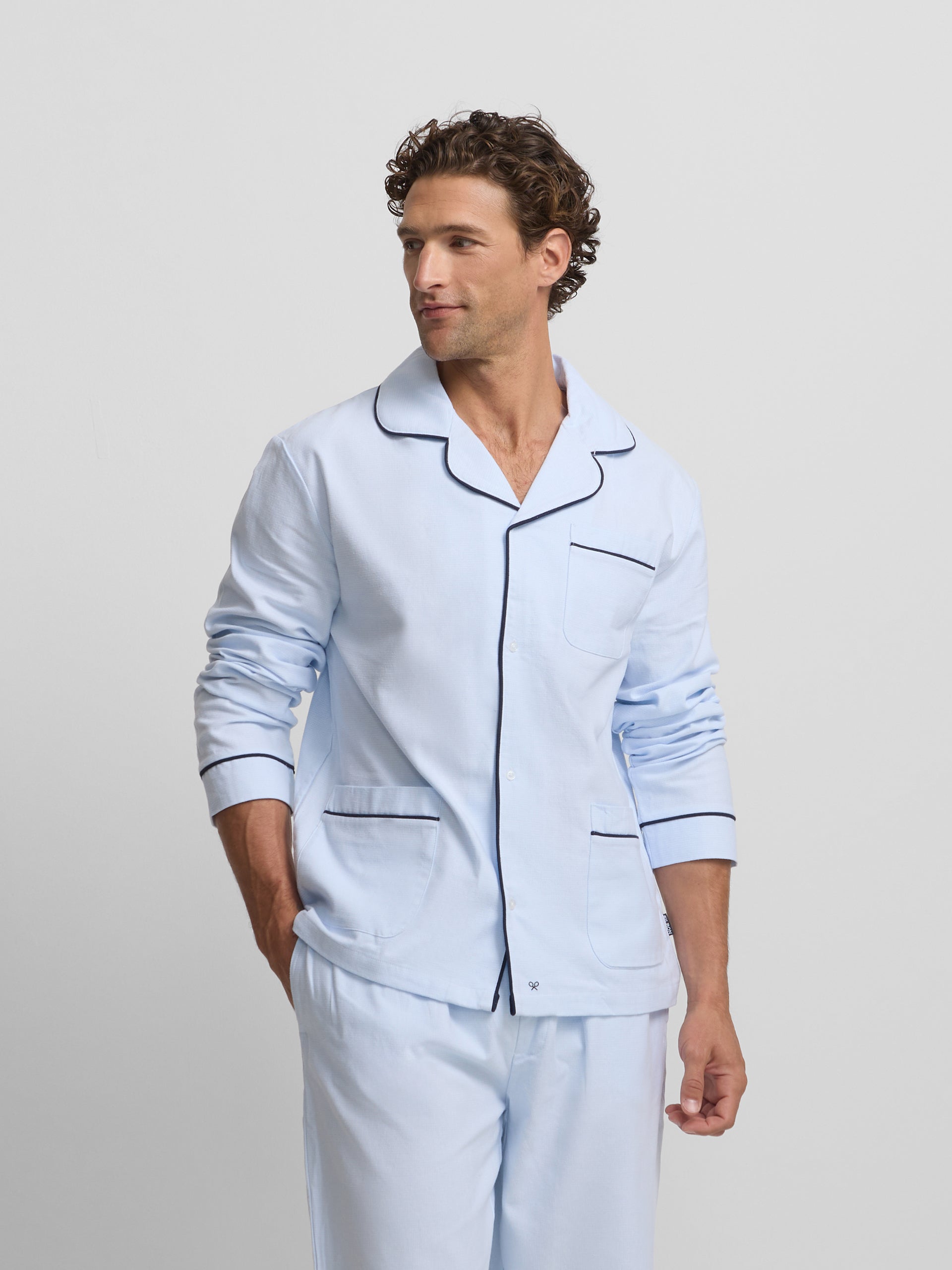 Light blue houndstooth shirt-style pajamas