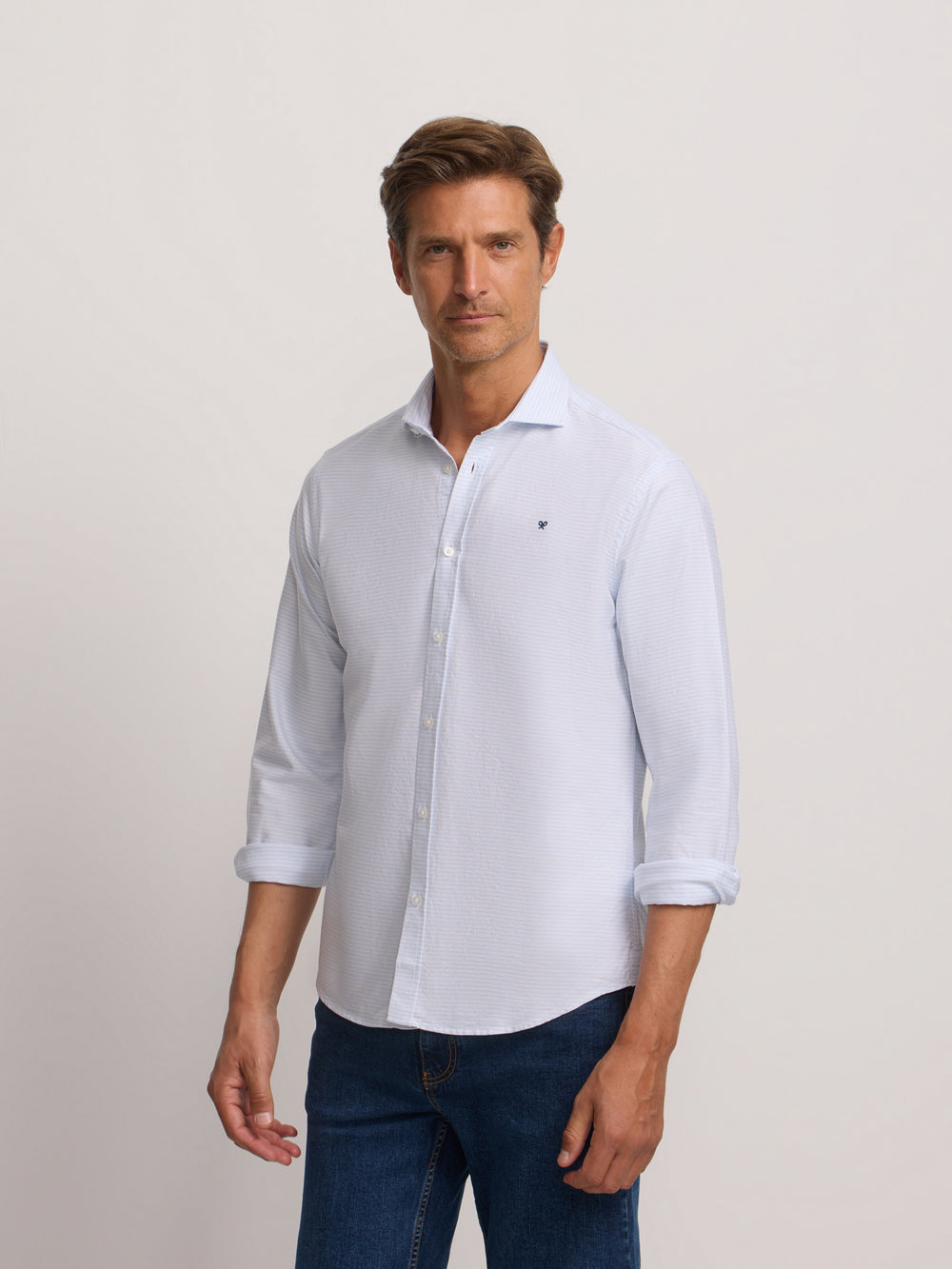 Light blue horizontal stripe oxford sport shirt