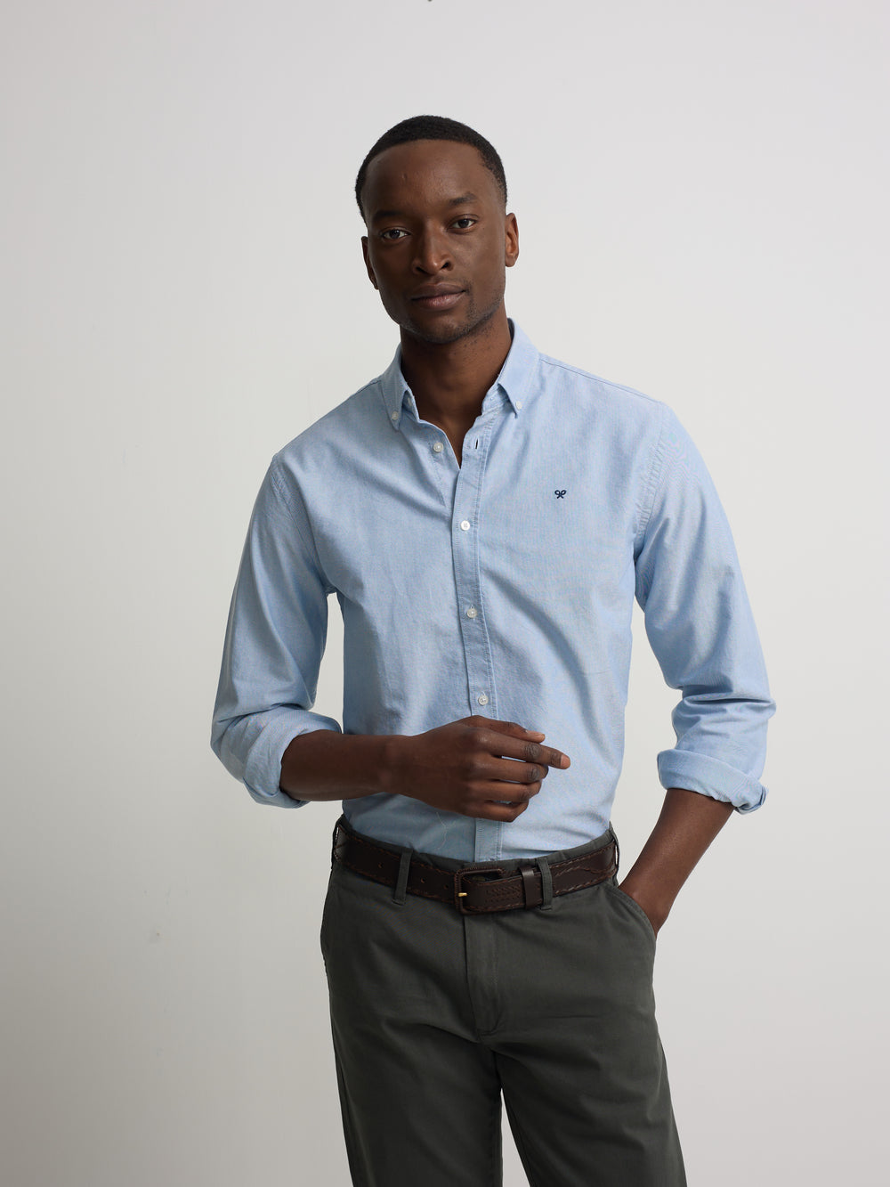 medium blue Oxford sport shirt with racket pattern