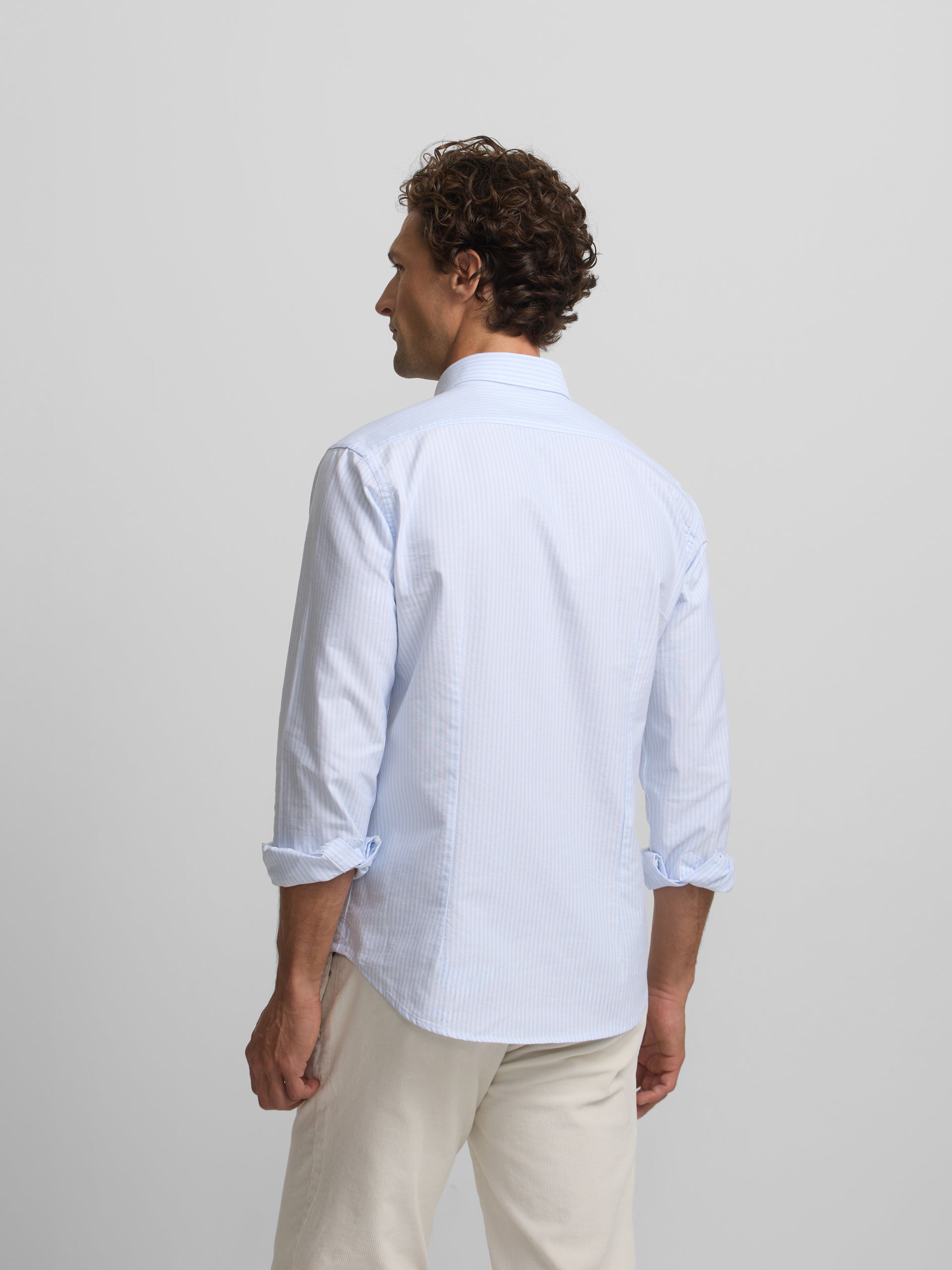 Camisa sport oxford raquete riscas largas azul-claro