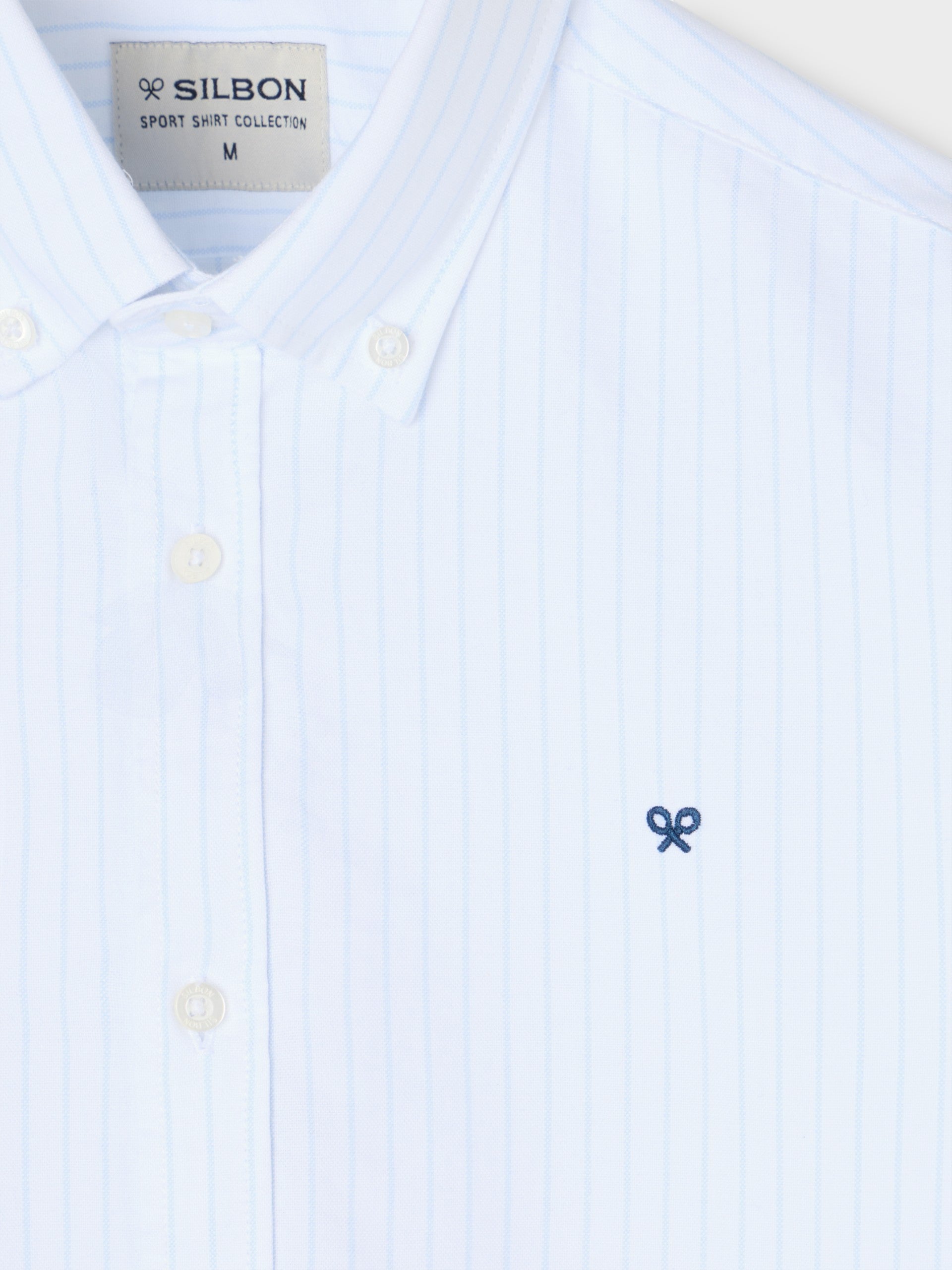 White Oxford sport shirt with light blue fine stripes