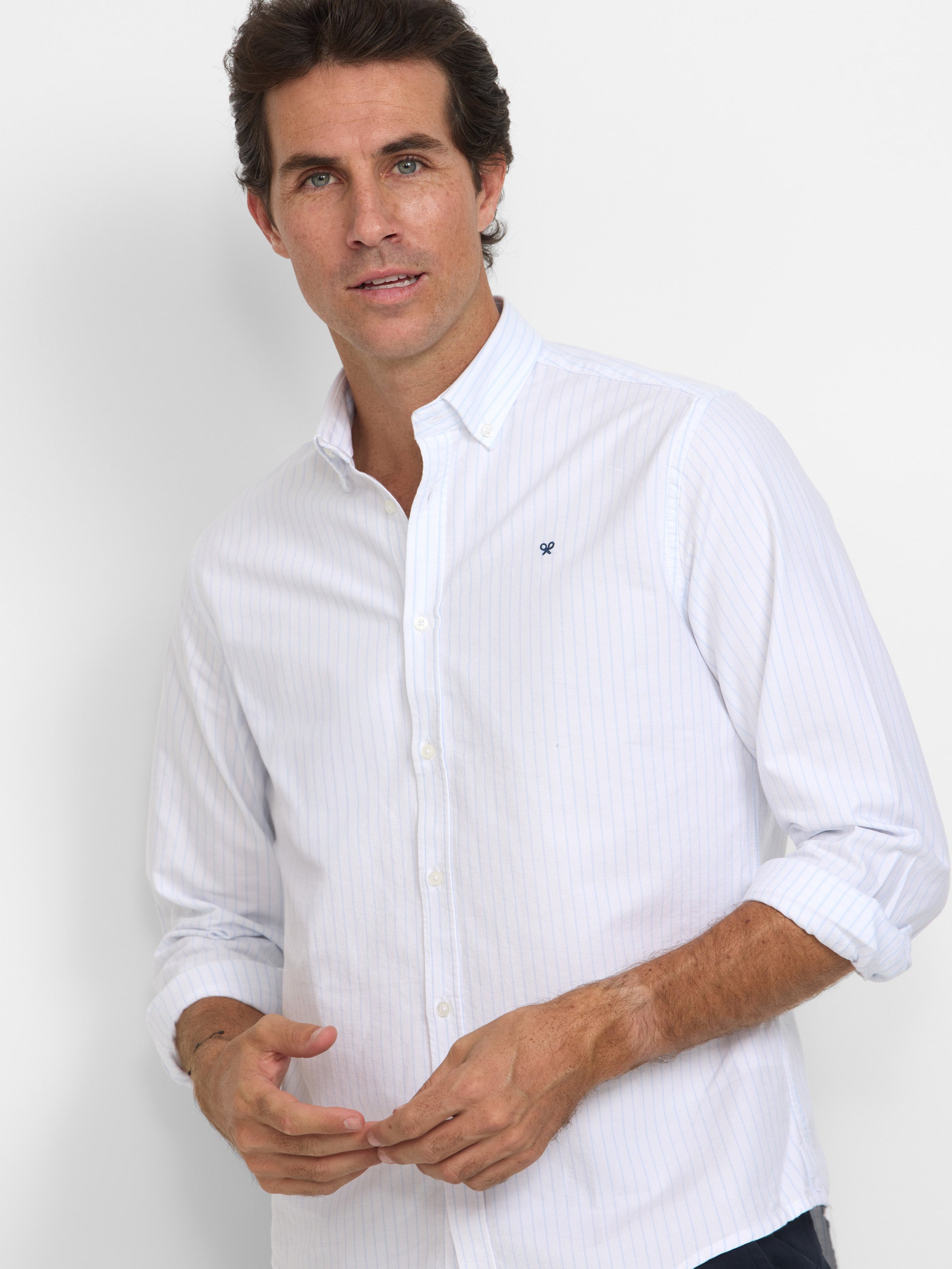 White Oxford sport shirt with light blue fine stripes