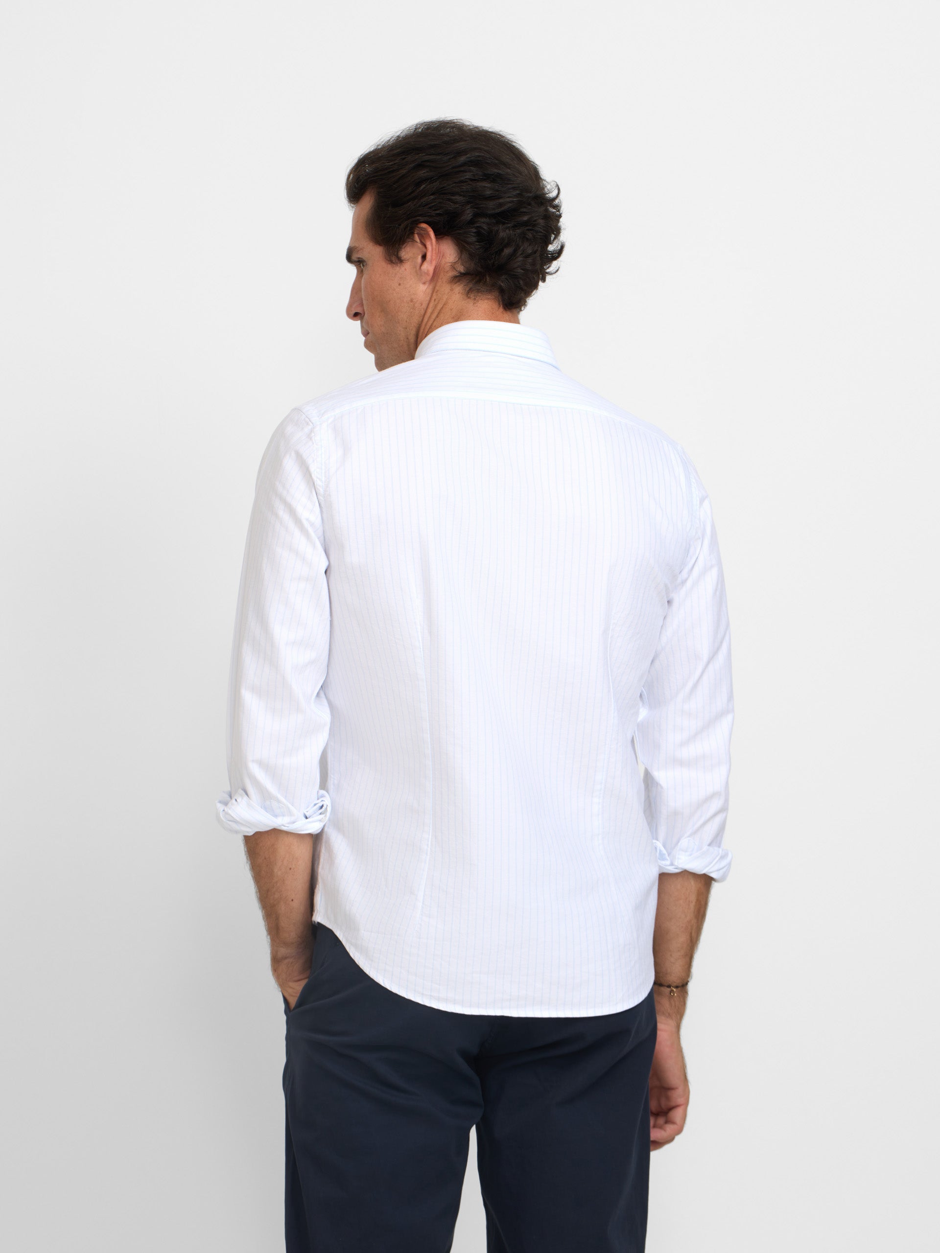 White Oxford sport shirt with light blue fine stripes