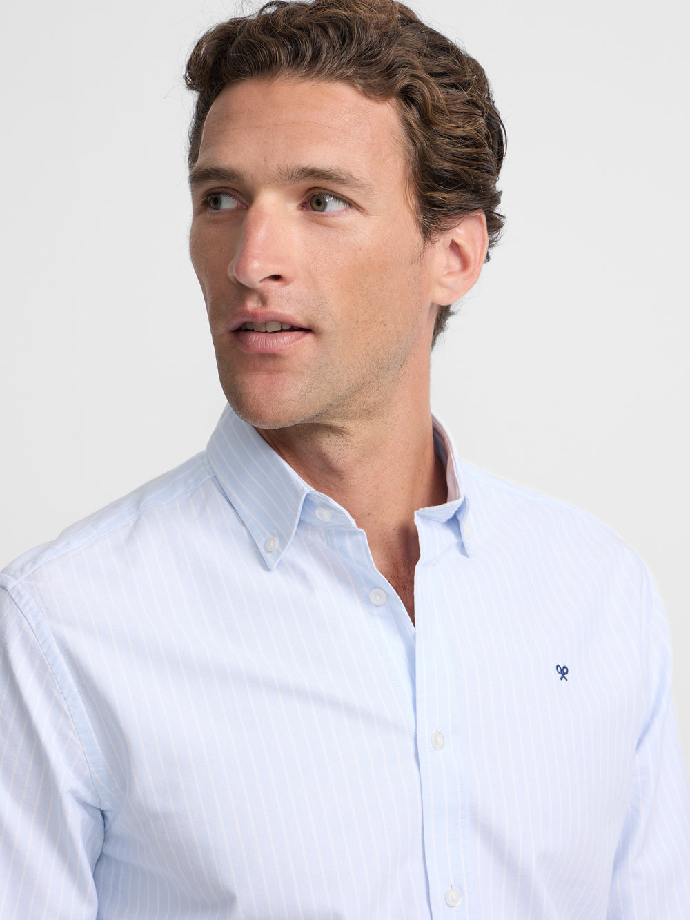 Light blue Oxford sport shirt with white fine stripes