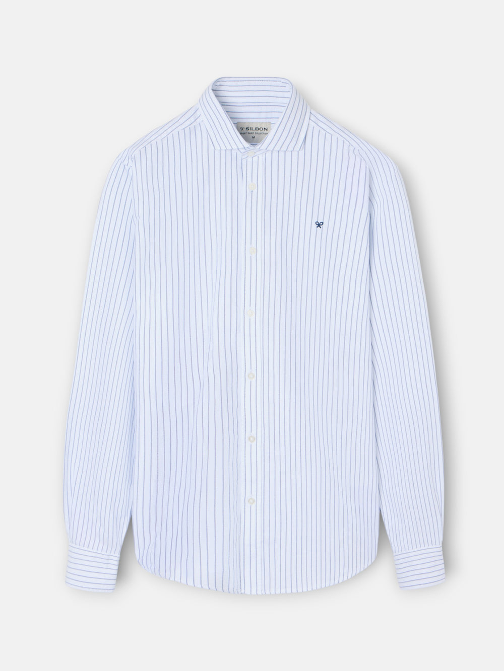 white oxford sport shirt with thin navy stripe
