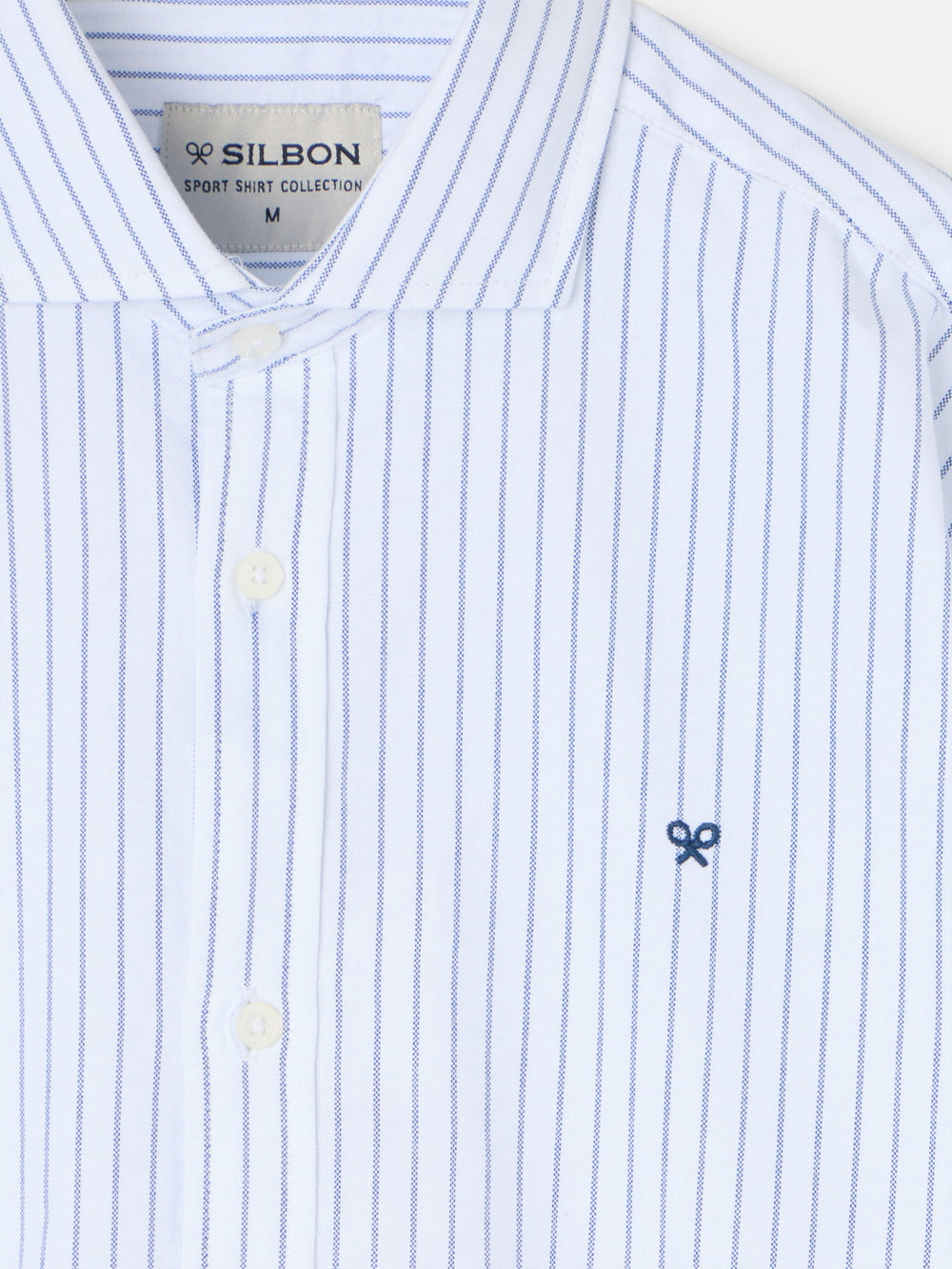 white oxford sport shirt with thin navy stripe