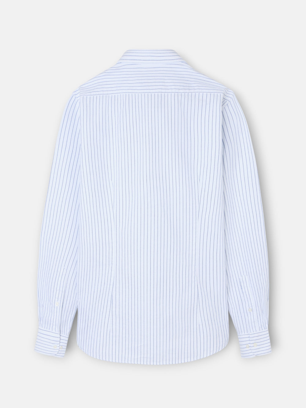 white oxford sport shirt with thin navy stripe