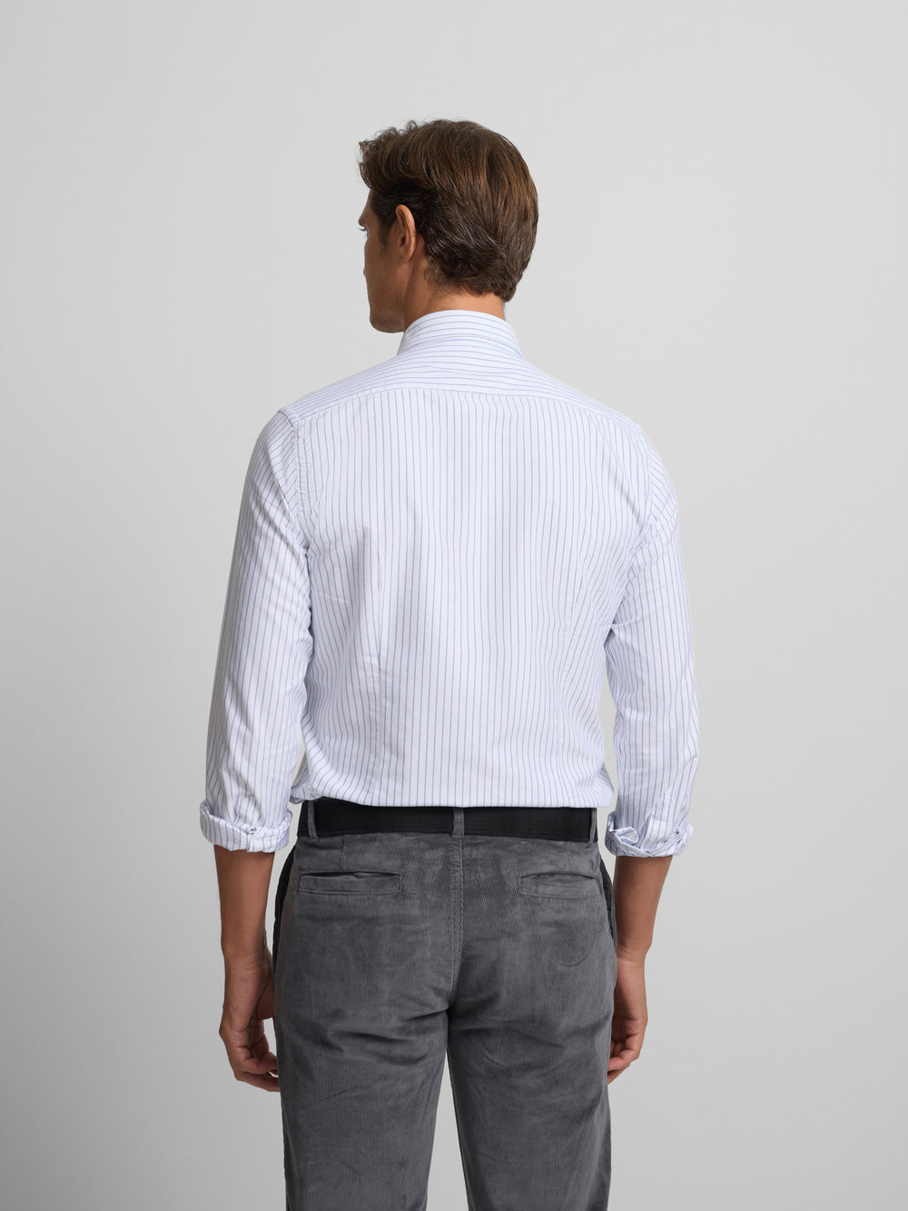 white oxford sport shirt with thin navy stripe