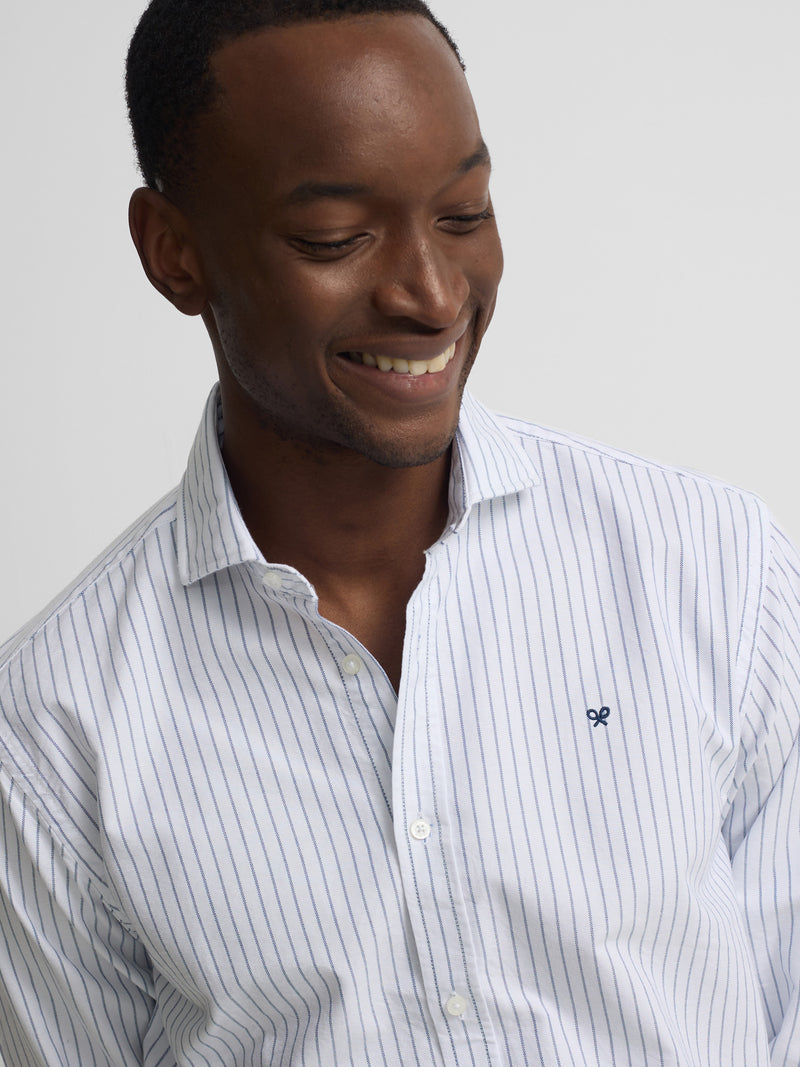White Oxford sport shirt with fine navy stripe