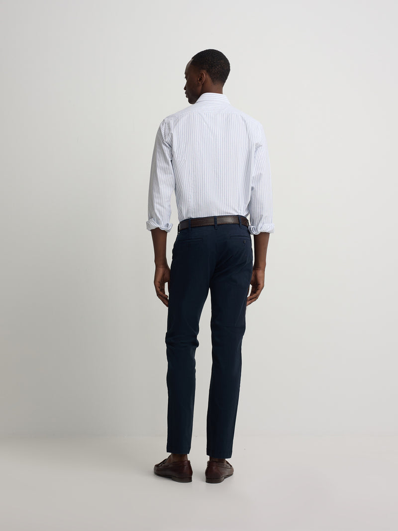 White Oxford sport shirt with fine navy stripe