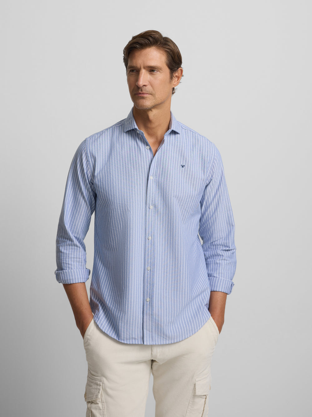 navy oxford sport shirt with thin white stripe