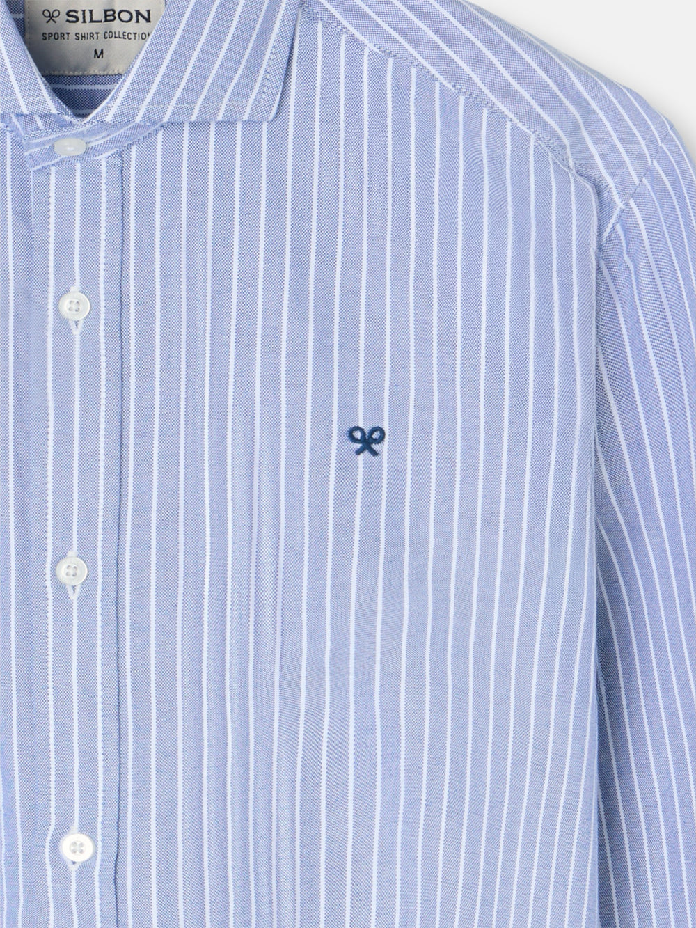 navy oxford sport shirt with thin white stripe