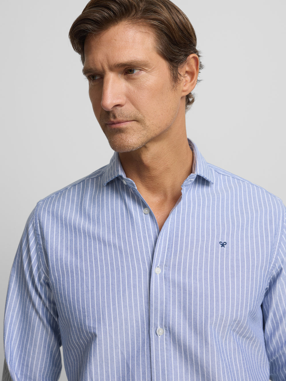 navy oxford sport shirt with thin white stripe