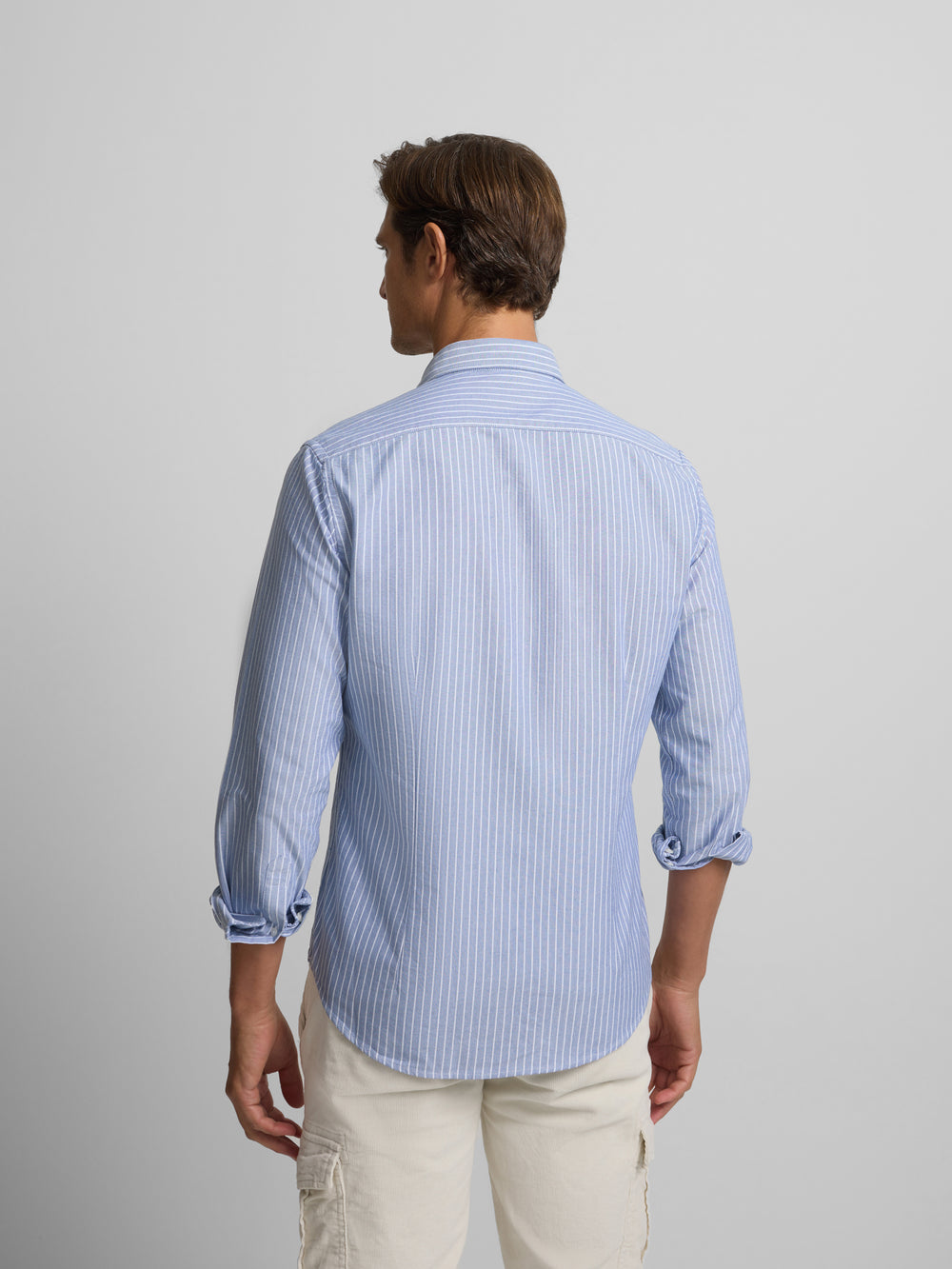 navy oxford sport shirt with thin white stripe