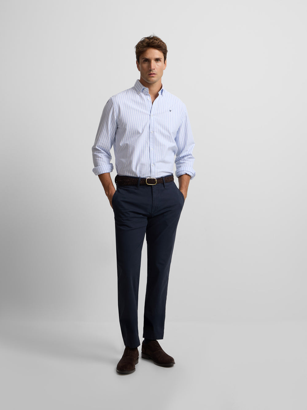 Navy blue striped oxford sport shirt