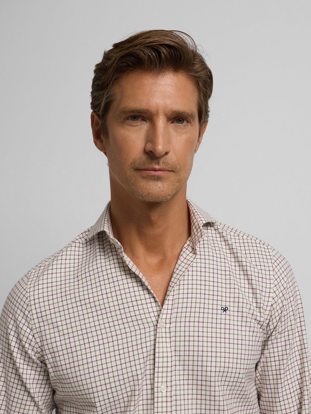 Two-tone plaid sport shirt in burgundy and green